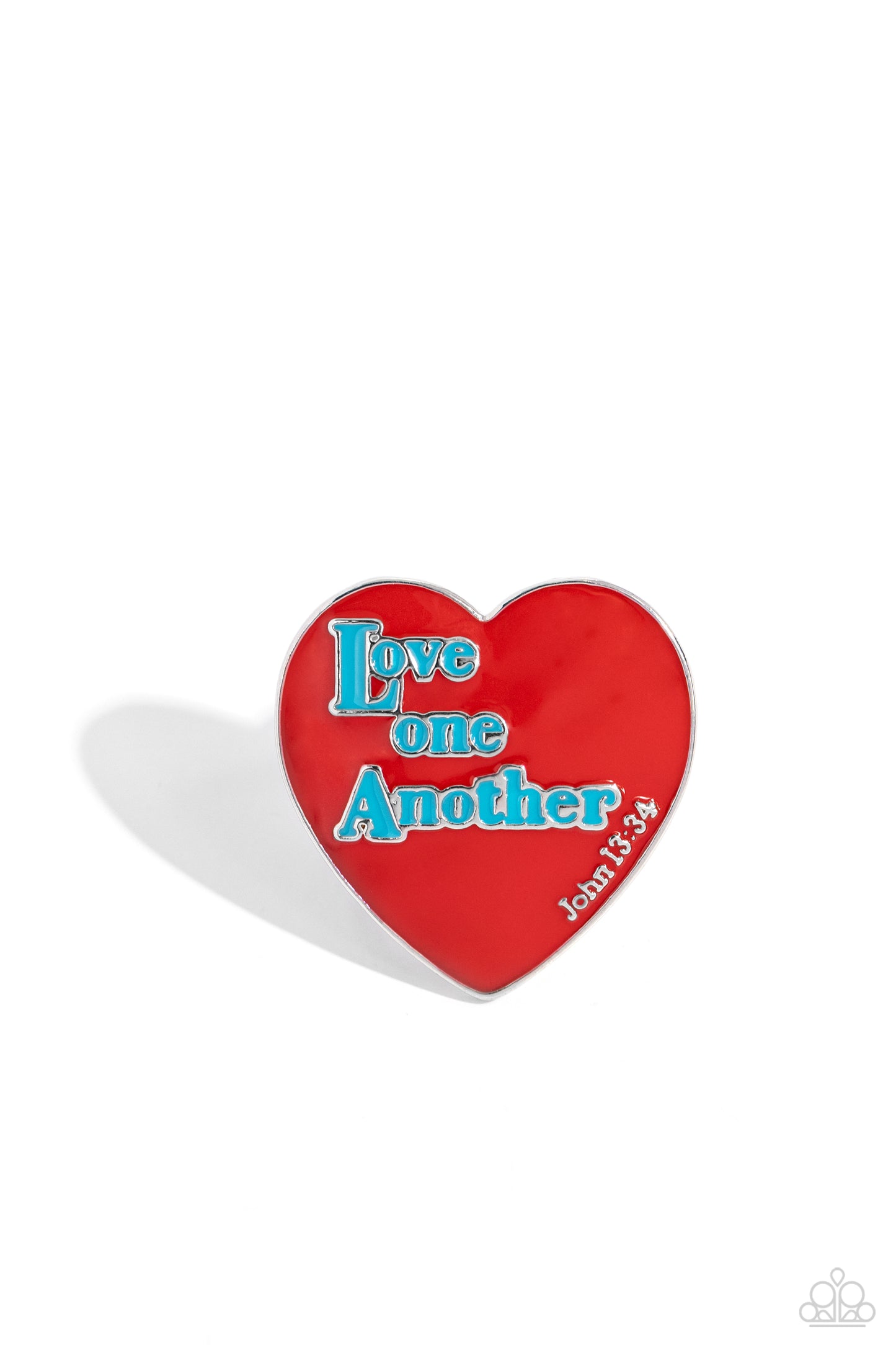 As I Have Loved You Red Inspirational Ring - Paparazzi Accessories Stamped atop an oversized, red-painted heart, the phrase "Love one Another" is featured in a blue hue. The scripture reference, "John 13:34," curves up one side of the red heart frame in silver letters atop airy silver bands for a religious-inspired centerpiece. Features a stretchy band for a flexible fit. Sold as one individual ring. Sku: P4WD-RDXX-064XX