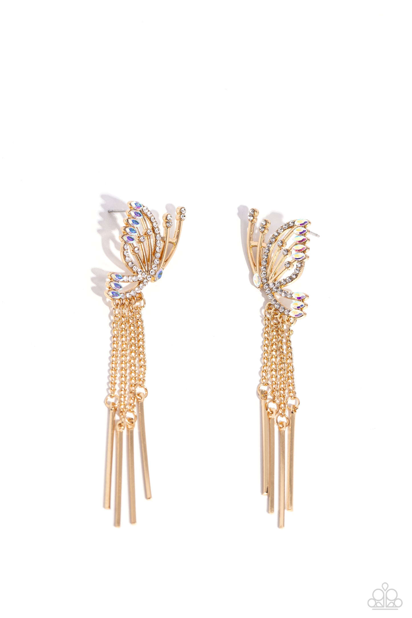 A Few Of My Favorite WINGS Gold Butterfly Post Earring - Paparazzi Accessories Featuring dainty white rhinestones and dainty marquise-cut iridescent gems, a thin, elongated, airy gold butterfly is titled to the side as if about to take off in flight. A collection of dainty gold rods swings from dainty gold chain tassels at the bottom of the whimsical frame for some free-falling movement. Earring attaches to a standard post fitting. Due to its prismatic palette, color may vary.