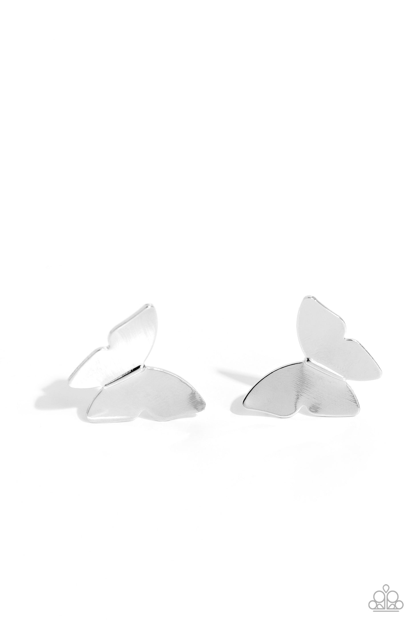 Butterfly Beholder Silver Post Earring - Paparazzi Accessories High-sheen silver butterflies dance at the ear, creating a whimsical centerpiece. Earring attaches to a standard post fitting. Sold as one pair of post earrings. Sku: P5PO-SVXX-249XX