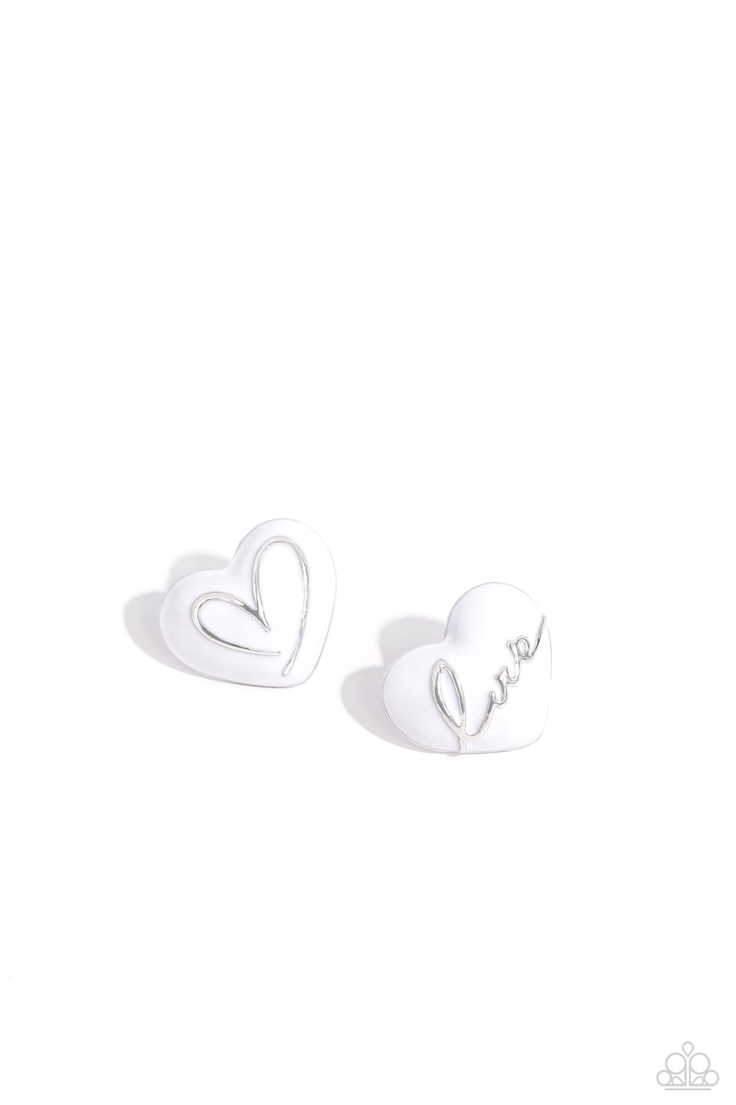 Glimmering Love White Heart Post Earring - Paparazzi Accessories Featuring a silver hue, two thick white-painted heart frames are adorned with the word "love" in a script font and a loopy heart outline for a flirtatious mix-and-match look. Earring attaches to a standard post earring. Sold as one pair of post earrings. SKU: P5PO-WTXX-384XX