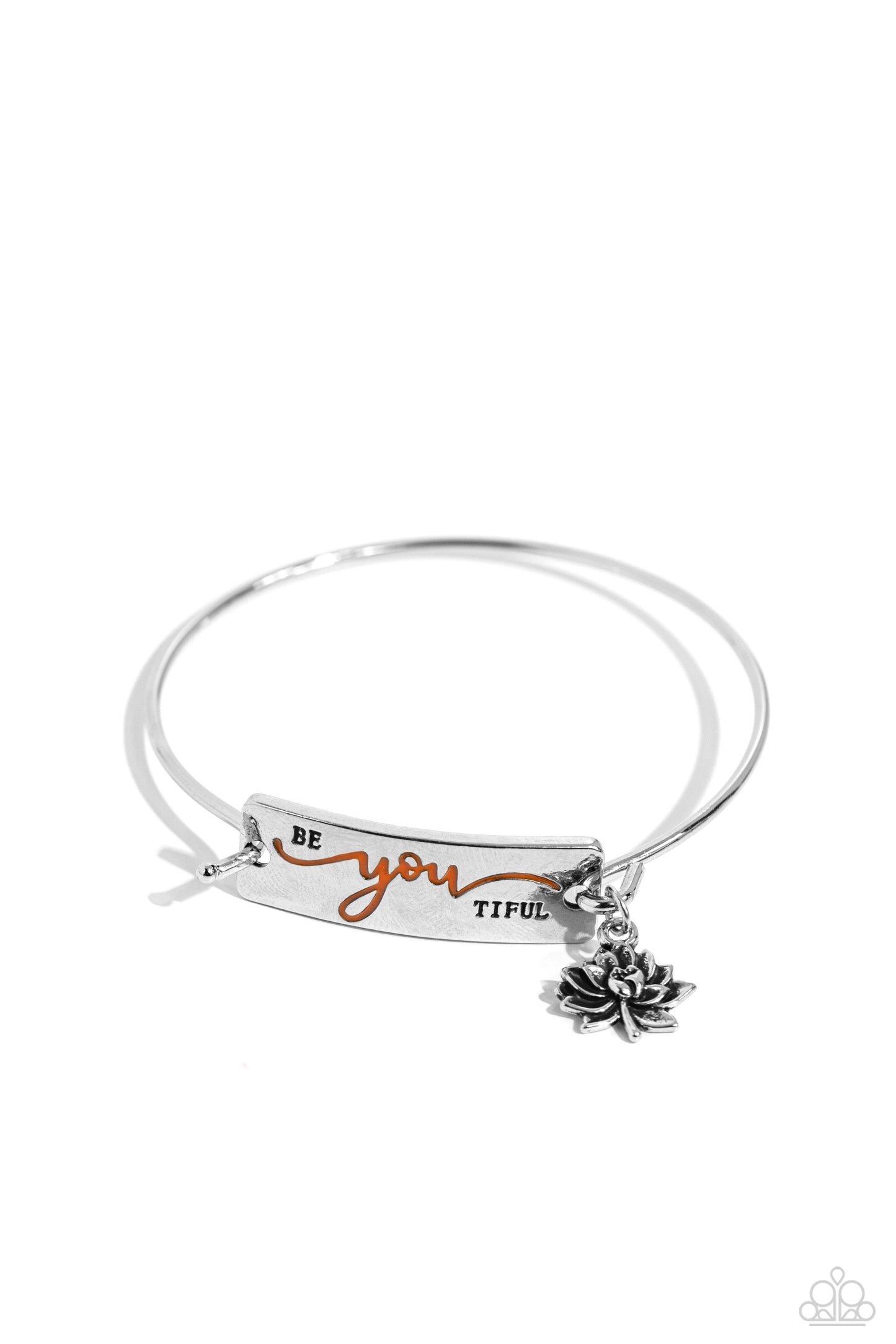 BeYOUtiful Bliss Orange Bracelet - Paparazzi Accessories The word "BeYOUtiful" is stamped across a thick plate of silver, with the "YOU" in a playful orange font. A textured, silver lotus flower charm gathers at the side of the inspirational centerpiece as it connects to a skinny silver bar that wraps around the wrist. Features a hook and eye closure. Sold as one individual bracelet. P9WD-OGXX-045XX