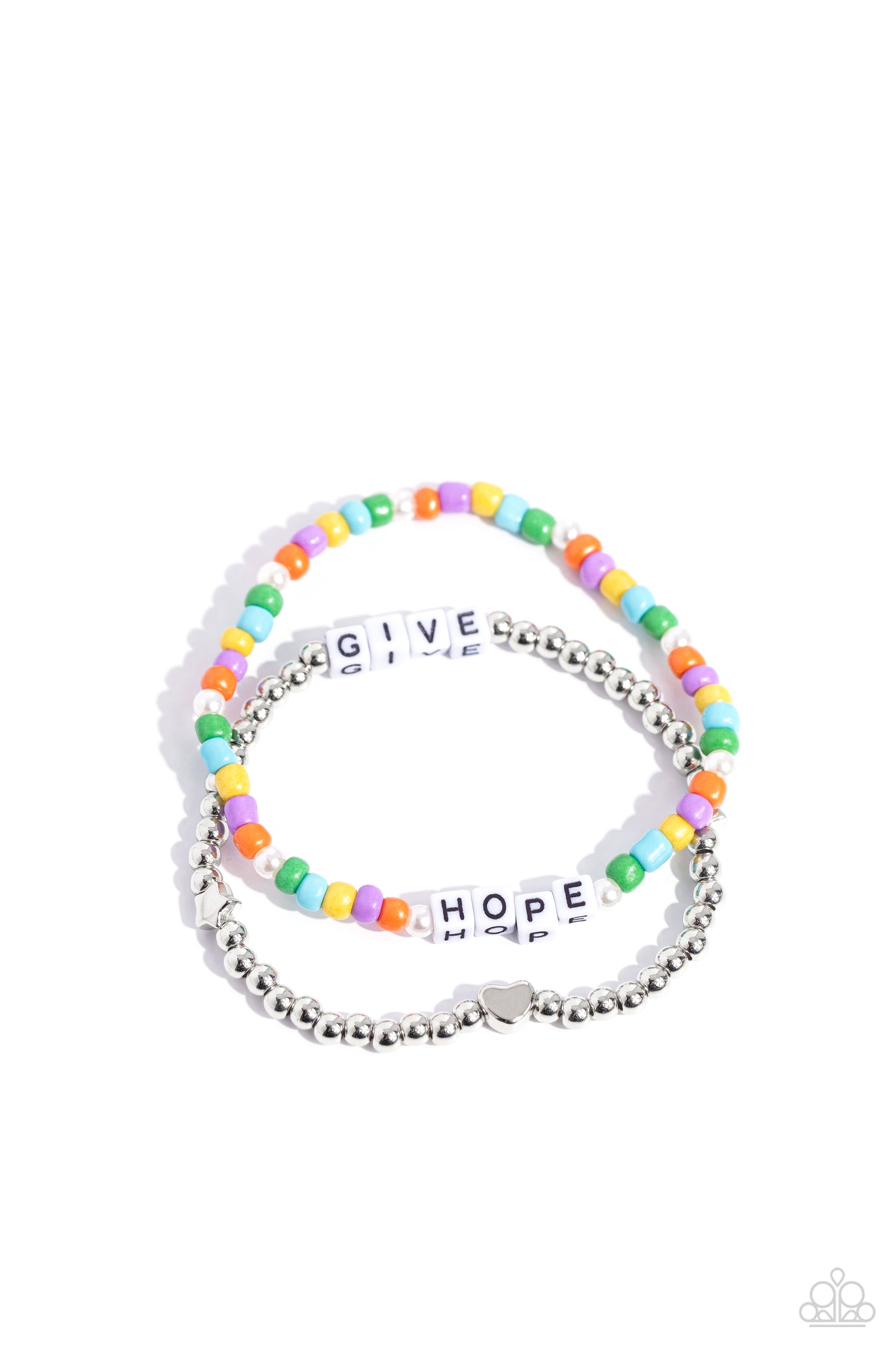 Giving Hope Multi Inspirational Stretch Bracelet - Paparazzi Accessories Threaded along stretchy bands around the wrist, a strand of silver beads with a silver heart bead combines with a multicolored strand of seed beads and glossy white pearls to create a stunning pop of color. White cube beads are infused on each strand, spelling out the phrase "GIVE HOPE" between them, creating inspirational layers. Sold as one set of two bracelets. Sku: P9WD-MTXX-060XX