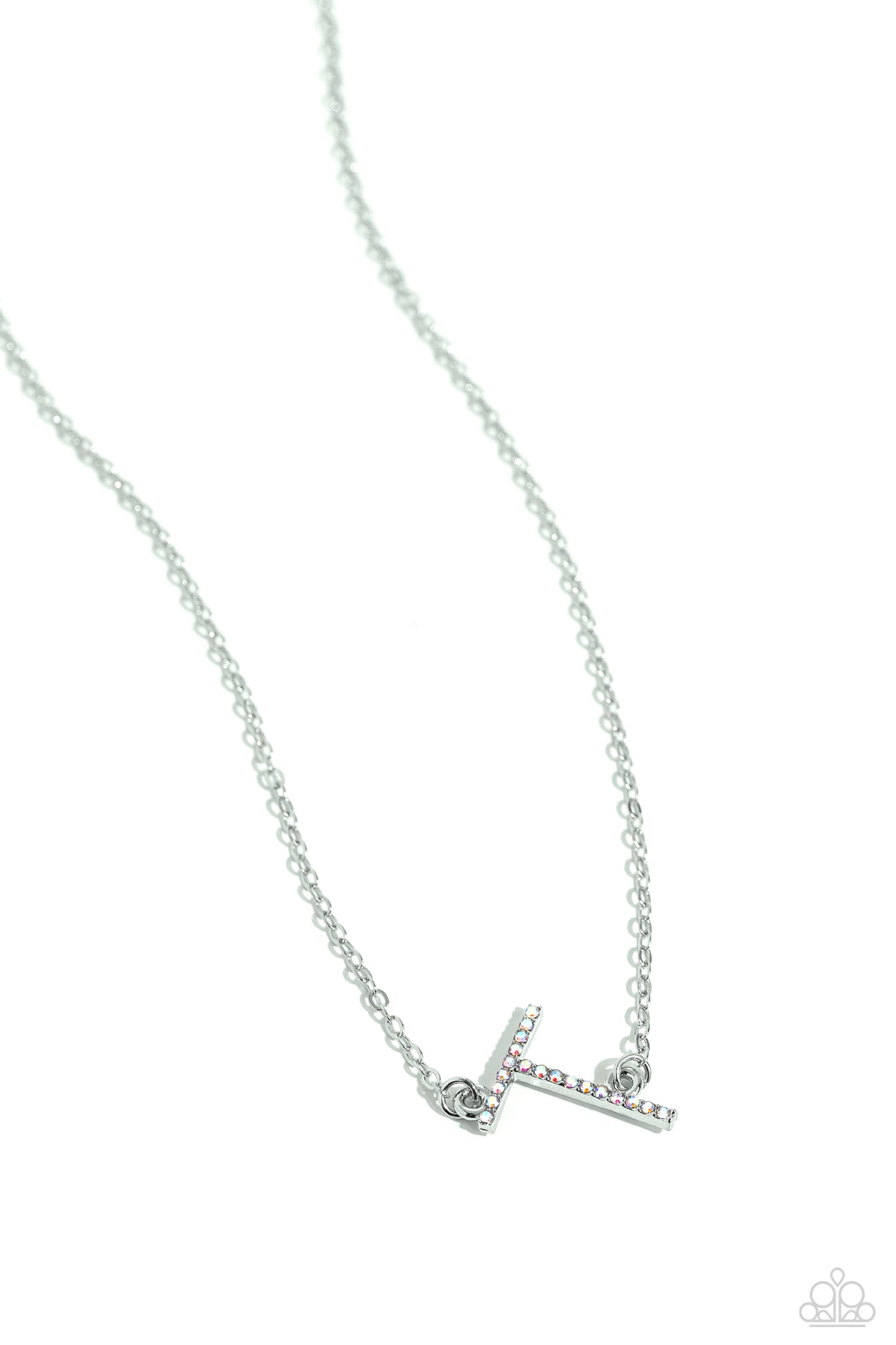INITIALLY Yours Multi "T" Necklace - Paparazzi Accessories Embossed with dainty iridescent rhinestones, a silver letter "T" hovers below the collar from a dainty silver chain, for a sentimentally simple design. Features an adjustable clasp closure. Due to its prismatic palette, color may vary. Sold as one individual necklace. Includes one pair of matching earrings. P2DA-MTXX-143XX