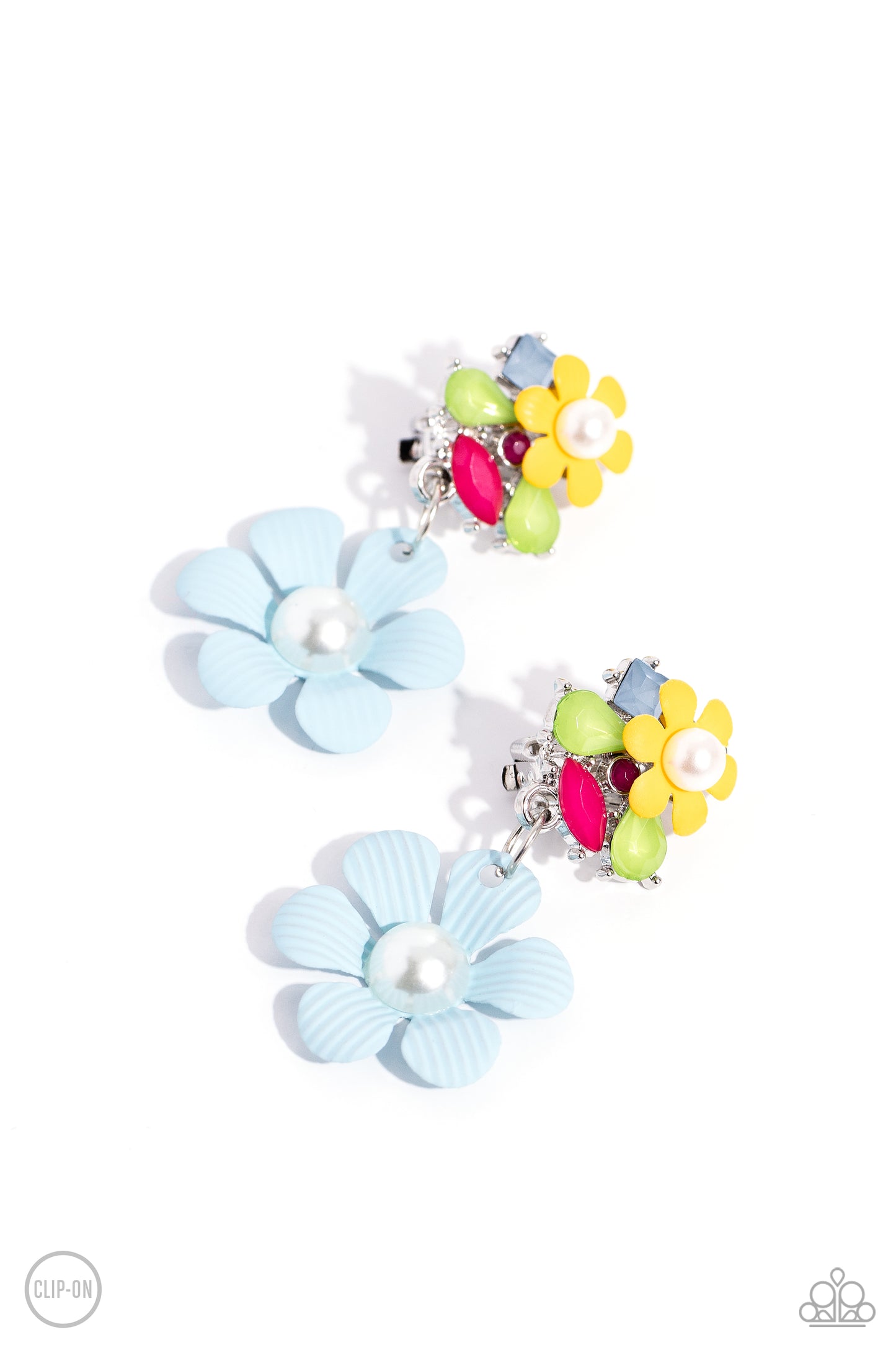 Festive Florals Blue Clip-On Earring - Paparazzi Accessories Featuring Pantones® Kohlrabi, Summer Song, Pink Peacock, and Radiant Orchid, a collection of geometric, milky acrylic shapes cluster around a pearl-centered, dainty Daffodil Yellow flower for a spring-inspired pop of color. The abstract, multicolored display gives way to a larger pearl-centered, textured flower but in a Summer Song hue. Earring attaches to a standard clip-on fitting. Sold as one pair of clip-on earrings. SKU: P5CO-BLXX-066XX