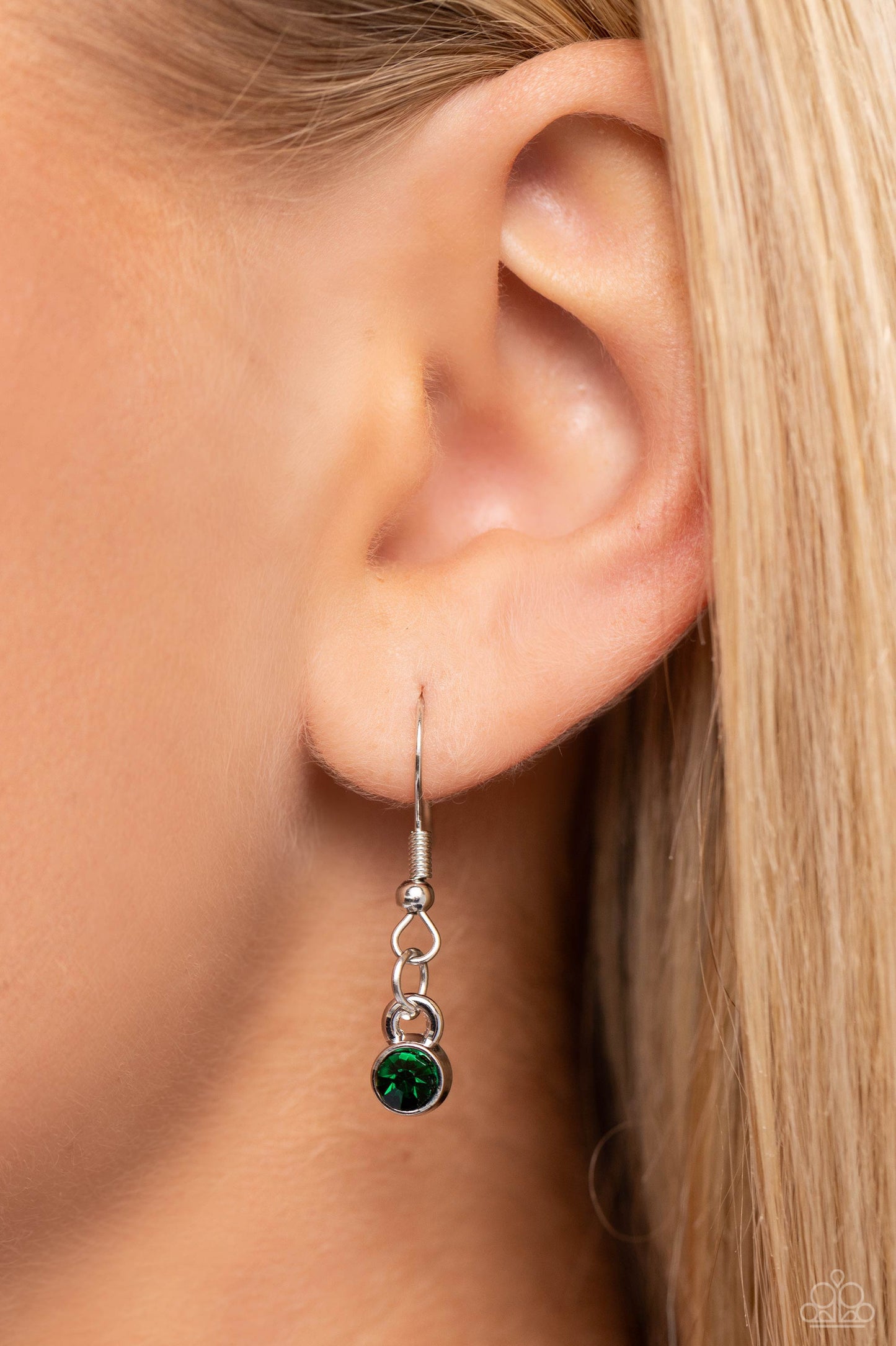 Pocketful of Sunshine Green Rhinestone Necklace - Paparazzi Accessories Pressed in sunburst-like, rhinestone-encrusted pronged silver fittings, a collection of emerald-cut green gems are infused between a double-strand of silver chains for a standout statement. Features an adjustable clasp closure. Sold as one individual necklace. Includes one pair of matching earrings. Sku: P2RE-GRXX-285XX