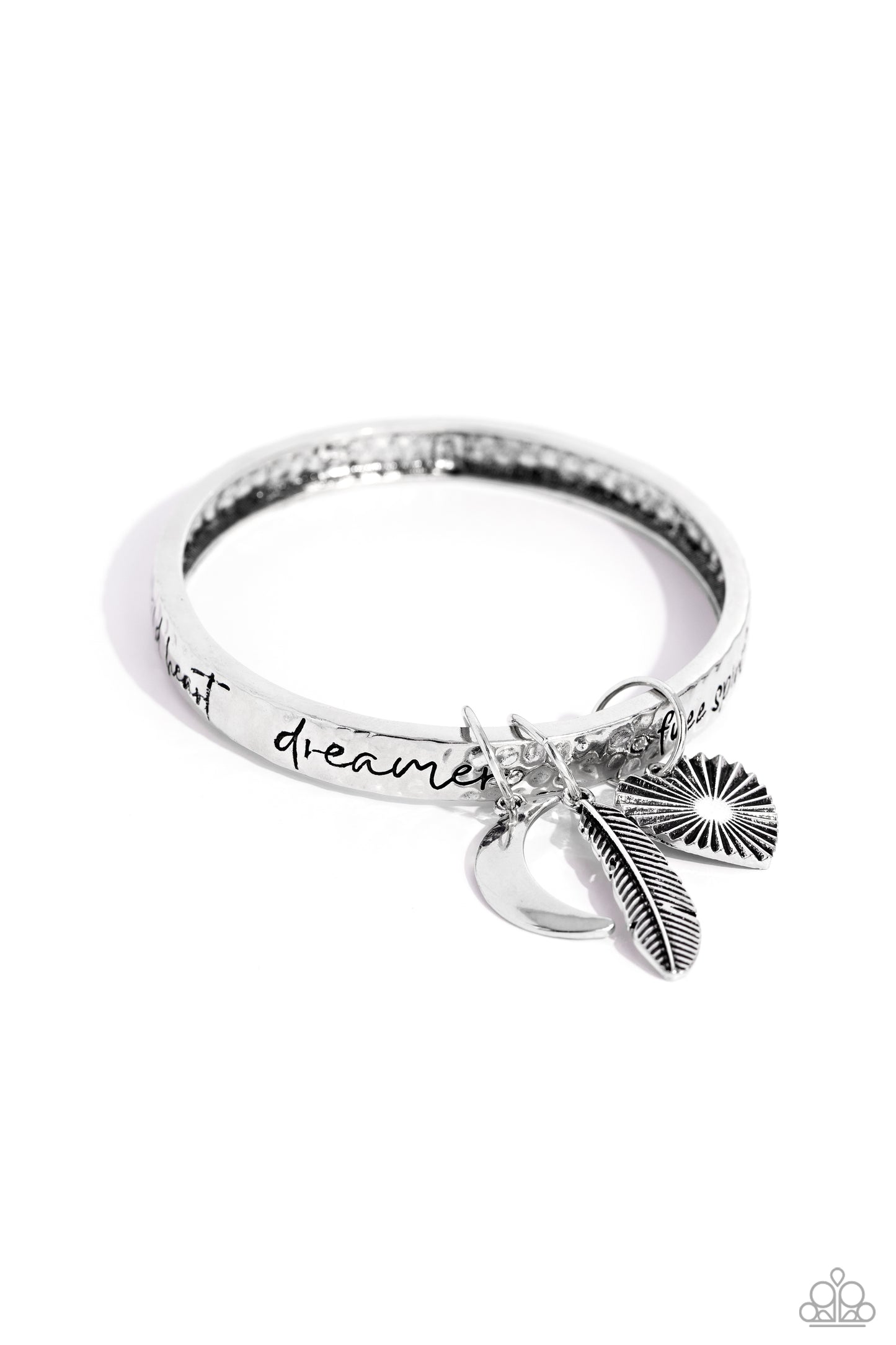 Free-Spirited Fantasy Silver Inspirational Bangle Bracelet - Paparazzi Accessories A hammered silver bangle featuring a textured feather, sleek crescent moon, and textured heart charms wraps around the wrist for an artisan-inspired fashion. Painted in a black hue, the phrases “free spirit," "wild heart,” and "dreamer" run horizontally across the cuff for an inspirational finish. Sold as one individual bracelet. Sku: P9WD-SVXX-233XX