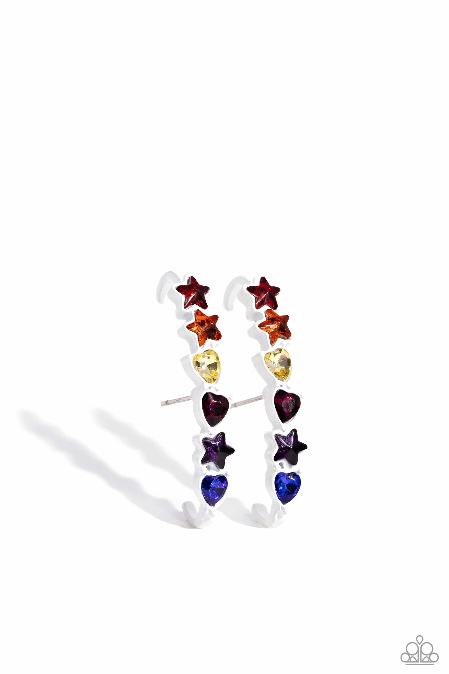 In Good Shape Multi Illusion Post Earring - Paparazzi Accessories Set in white-painted pronged frames, various-shapes of multicolored gems curl up and around the ear, creating a trendy display. Due to its structure, adjusting capability is limited. Sold as one pair of illusion post earrings. Sku: P5PO-IPMT-119XX