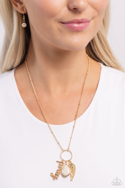 Angelic Artistry White Inspirational Necklace - Paparazzi Accessories  Accented with a gold satellite chain, a white stone pressed in a gold teardrop, the gold word "pray," and an ornate half-angel gold wing cascade from the bottom of a gold ring, creating an angelic display. Features an adjustable clasp closure.  Sold as one individual necklace. Includes one pair of matching earrings.  Sku:  P2WD-WTXX-280XX