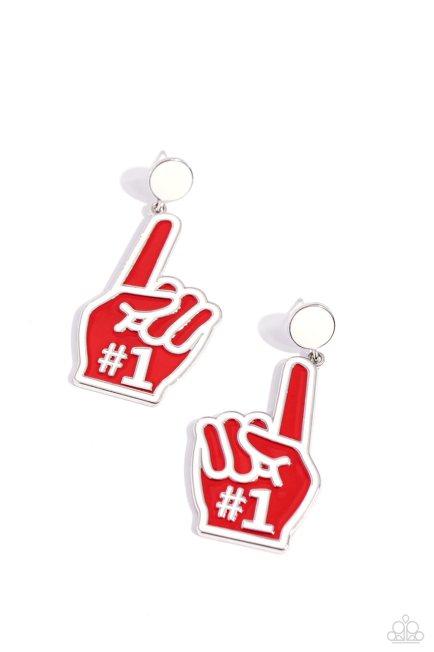 My Number One Red Post Earring - Paparazzi Accessories Featuring white-painted details and a "#1", a red, foam-inspired fan pointer-finger hand attaches to the bottom of a white-painted post, creating a sporty lure. Earring attaches to a standard post fitting. Sold as one pair of post earrings. P5PO-RDXX-051XX