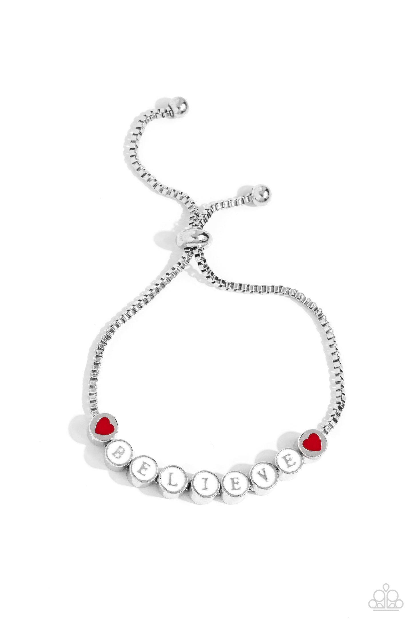 I Cant Believe It! White Sliding Bead Bracelet - Paparazzi Accessories Delicately attached to a dainty silver box chain, thick circular silver fittings spell out the word "BELIEVE" across a white-painted backdrop with red-painted hearts embellishing the ends of the word, creating a sleek inspiring display. Features an adjustable sliding bead closure. Sold as one individual bracelet. Sku: P9WD-WTXX-141XX