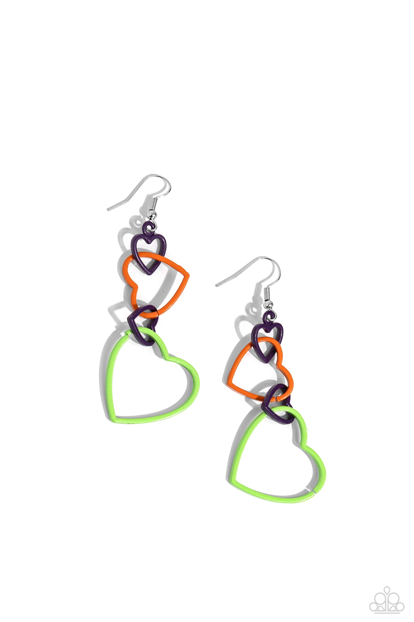 Cascading Crush Multi Heart Earring - Paparazzi Accessories A collection of airy, heart-shaped silhouettes in varying sizes and Kohlrabi, purple, and orange hues interlock and fall from the ear in a haphazard pattern, creating a sleek romantic cascade. Earring attaches to a standard fishhook fitting. Sold as one pair of earrings. SKU: P5WH-MTXX-197XX