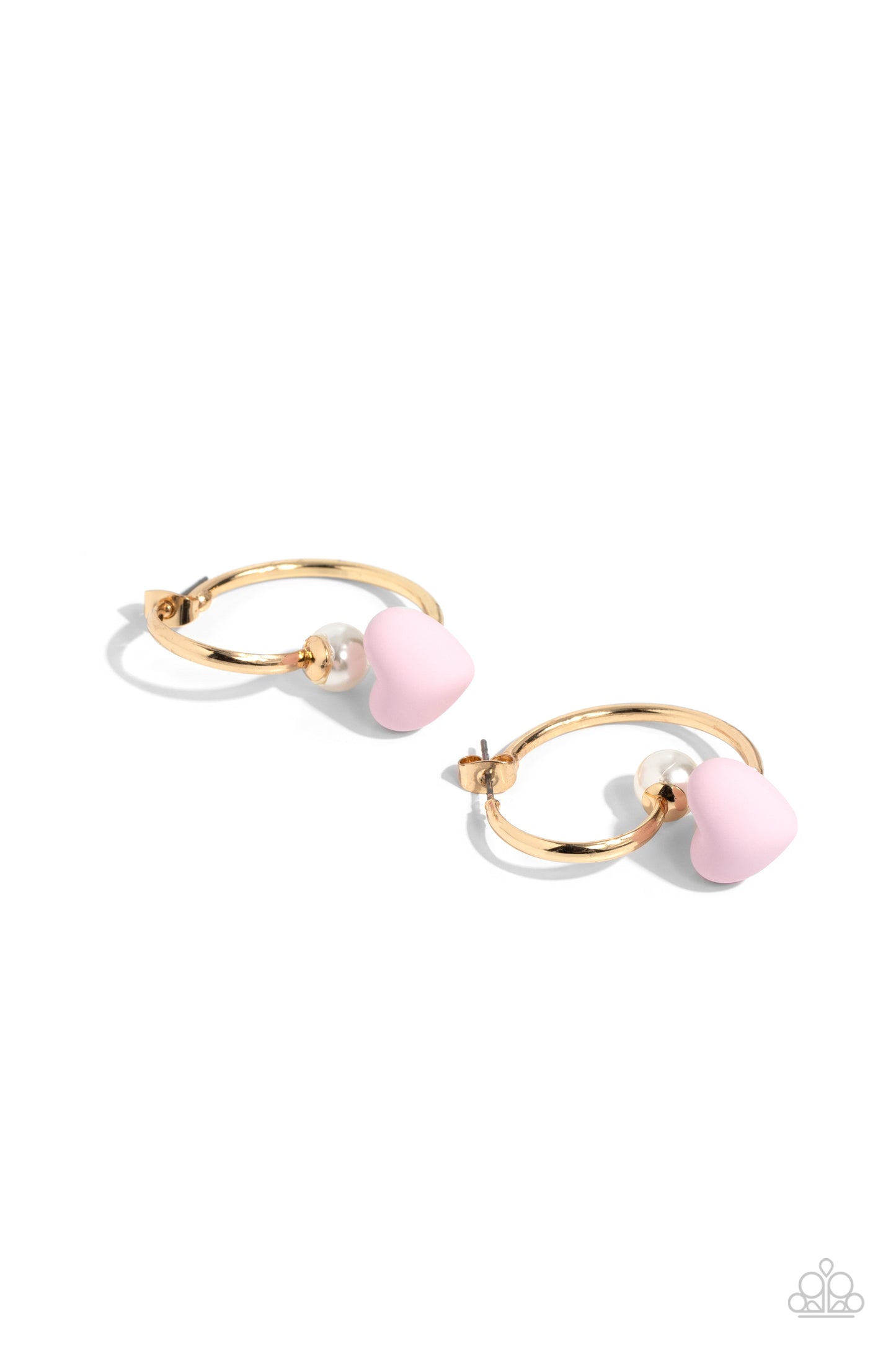 Romantic Representative Pink Heart Jacket Earring - Paparazzi Accessories A solitaire white pearl attaches to a double-sided gold post, designed to fasten behind the ear. Dotted with a light pink acrylic heart, the double-sided post peeks out beneath the ear for a romantic look. Hoop measures approximately 1" in diameter. Sold as one pair of double-sided hoop earrings. SKU: P5HO-PKXX-064XX