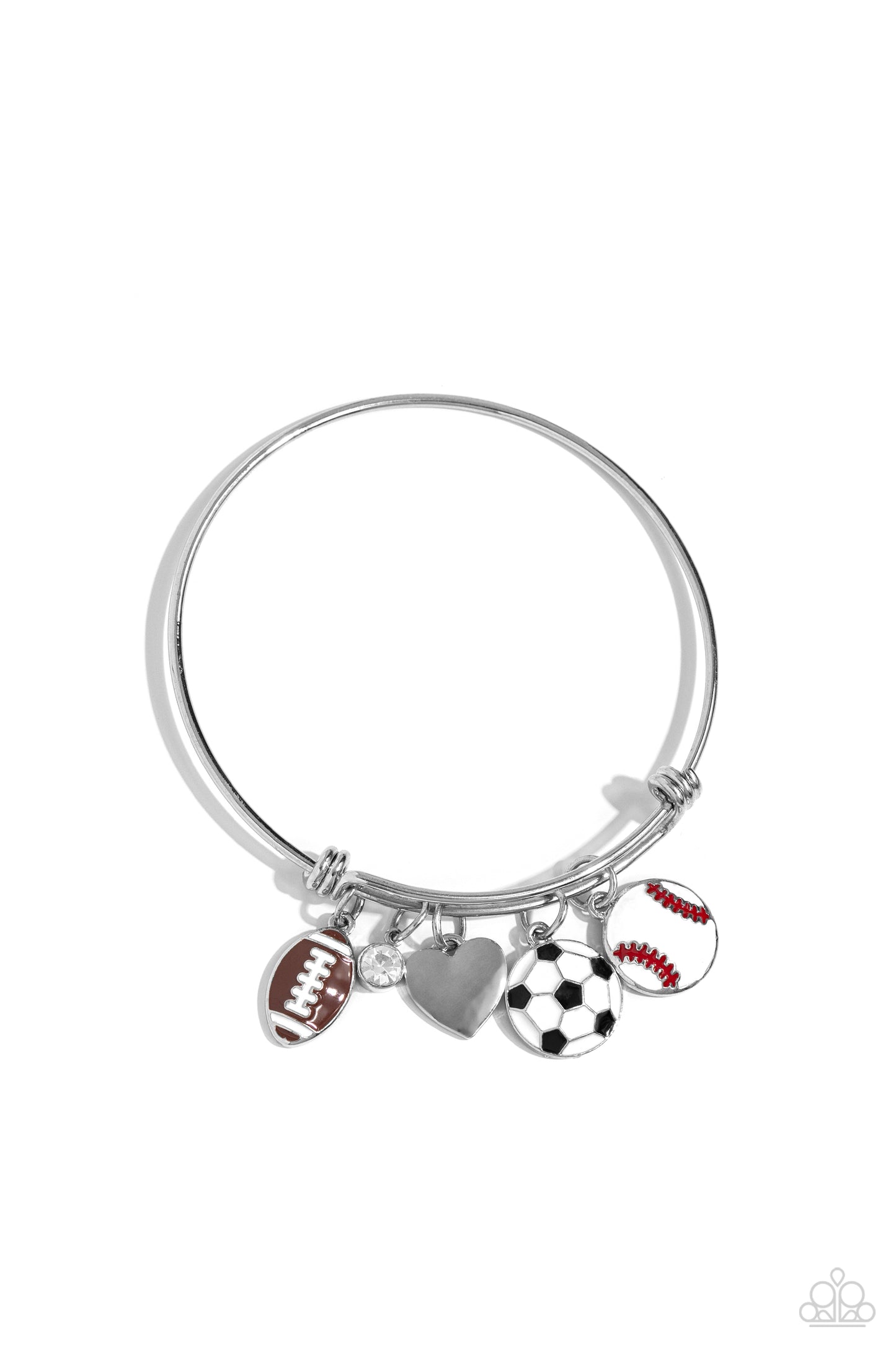 Seize the Sports Multi Bracelet - Paparazzi Accessories Featuring a sporty motif, a silver heart, solitaire white rhinestone, and football, soccer ball, and baseball charms swing from a silver bangle-like bracelet attached to a sleek silver fitting for a spirited finish. Sold as one individual bracelet. P9BA-MTXX-051XX