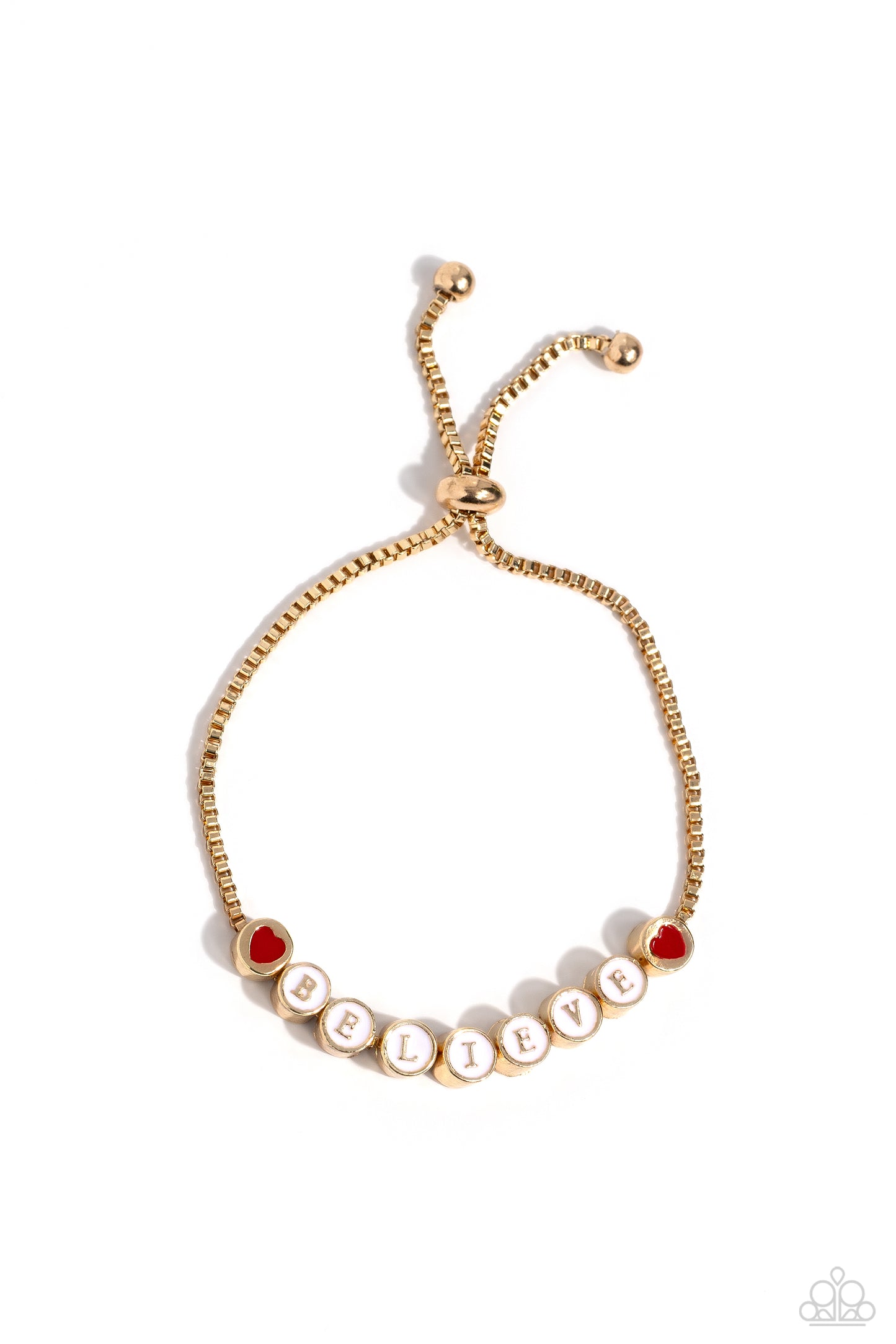 I Cant Believe It! Gold Sliding Bead Bracelet - Paparazzi Accessories Delicately attached to a dainty gold box chain, thick circular gold fittings spell out the word "BELIEVE" across a white-painted backdrop with red-painted hearts embellishing the ends of the word, creating a sleek inspiring display. Features an adjustable sliding bead closure. Sold as one individual bracelet. Sku: P9WD-GDXX-197XX