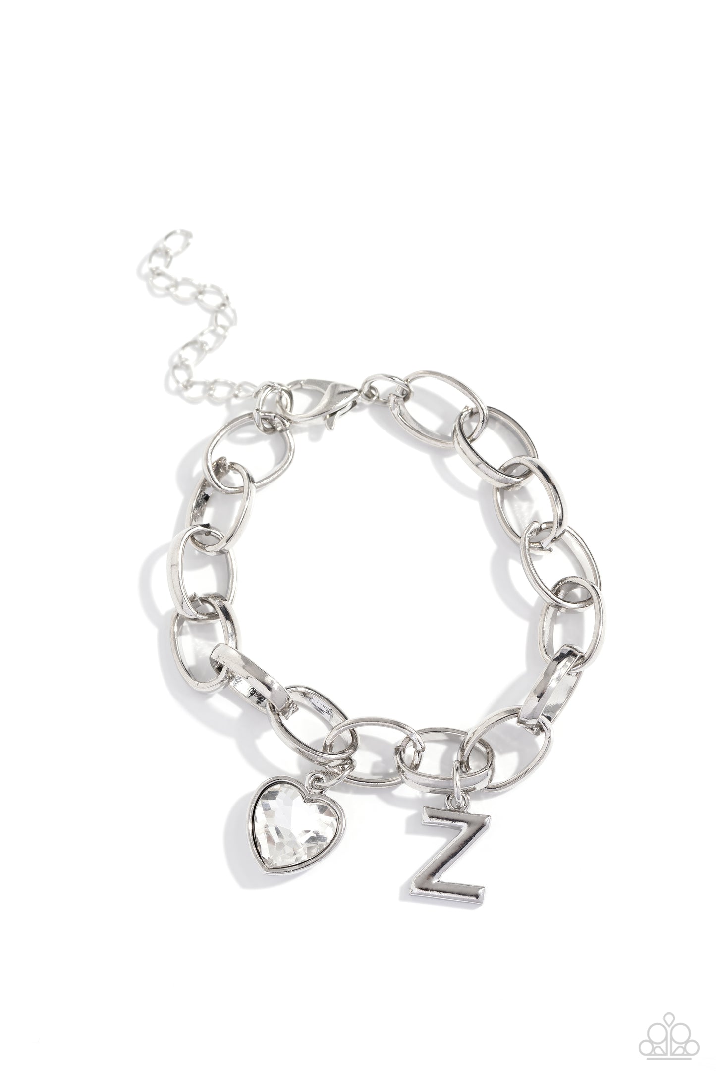 Guess Now Its INITIAL White "Z" Bracelet - Paparazzi Accessories A simple collection of silver charms — including a white rhinestone heart pressed in a silver frame and a sleek letter "Z" — dance from a chunky silver chain around the wrist, creating a sentimental fringe. Features an adjustable clasp closure. Sold as one individual bracelet. New Kit Sku: P9BA-WTXX-060XX