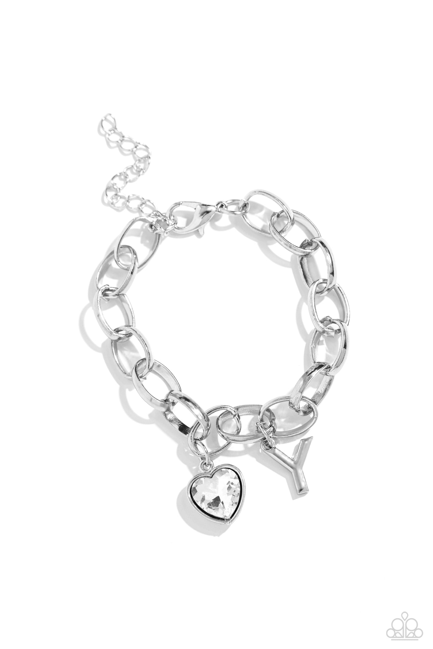 Guess Now Its INITIAL White "Y" Bracelet - Paparazzi Accessories A simple collection of silver charms — including a white rhinestone heart pressed in a silver frame and a sleek letter "Y" — dance from a chunky silver chain around the wrist, creating a sentimental fringe. Features an adjustable clasp closure. Sold as one individual bracelet. New Kit Sku: P9BA-WTXX-059XX