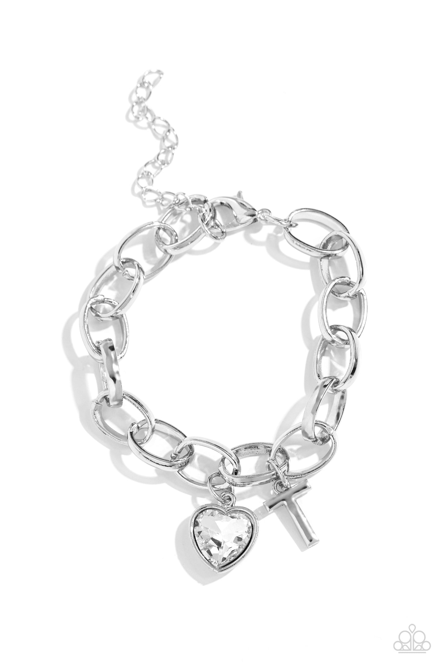 Guess Now Its INITIAL White "T" Bracelet - Paparazzi Accessories A simple collection of silver charms — including a white rhinestone heart pressed in a silver frame and a sleek letter "T" — dance from a chunky silver chain around the wrist, creating a sentimental fringe. Features an adjustable clasp closure. Sold as one individual bracelet. New Kit Sku: P9BA-WTXX-054XX