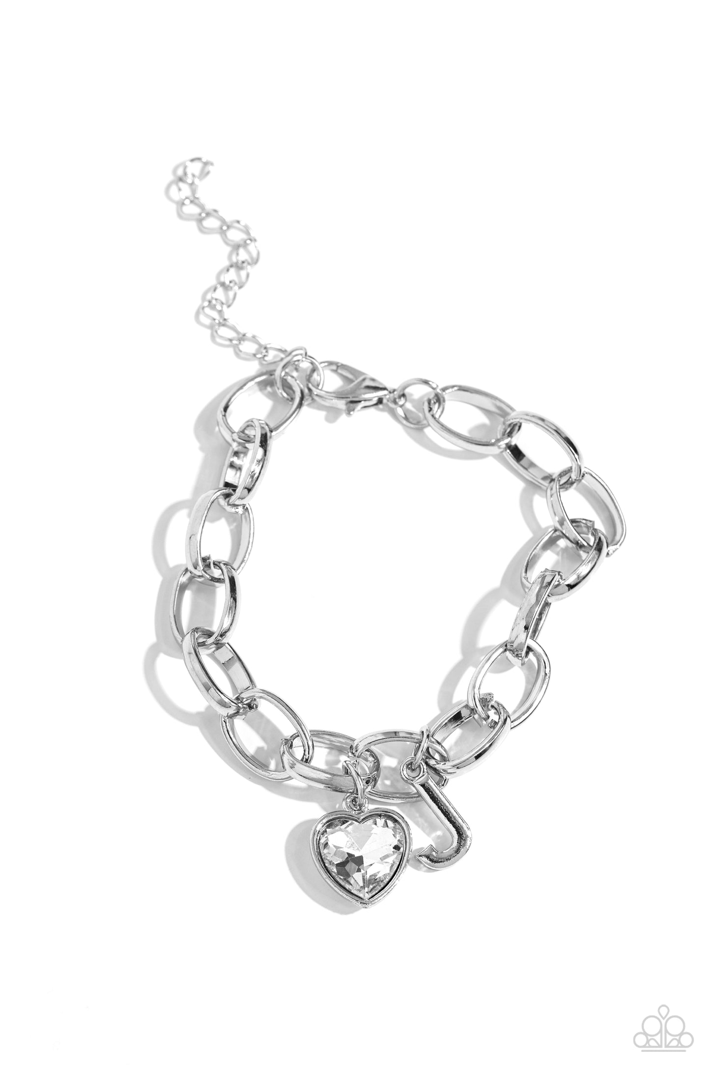 Guess Now Its INITIAL White "J" Bracelet - Paparazzi Accessories A simple collection of silver charms — including a white rhinestone heart pressed in a silver frame and a sleek letter "J" — dance from a chunky silver chain around the wrist, creating a sentimental fringe. Features an adjustable clasp closure. Sold as one individual bracelet. New Kit Sku: P9BA-WTXX-044XX