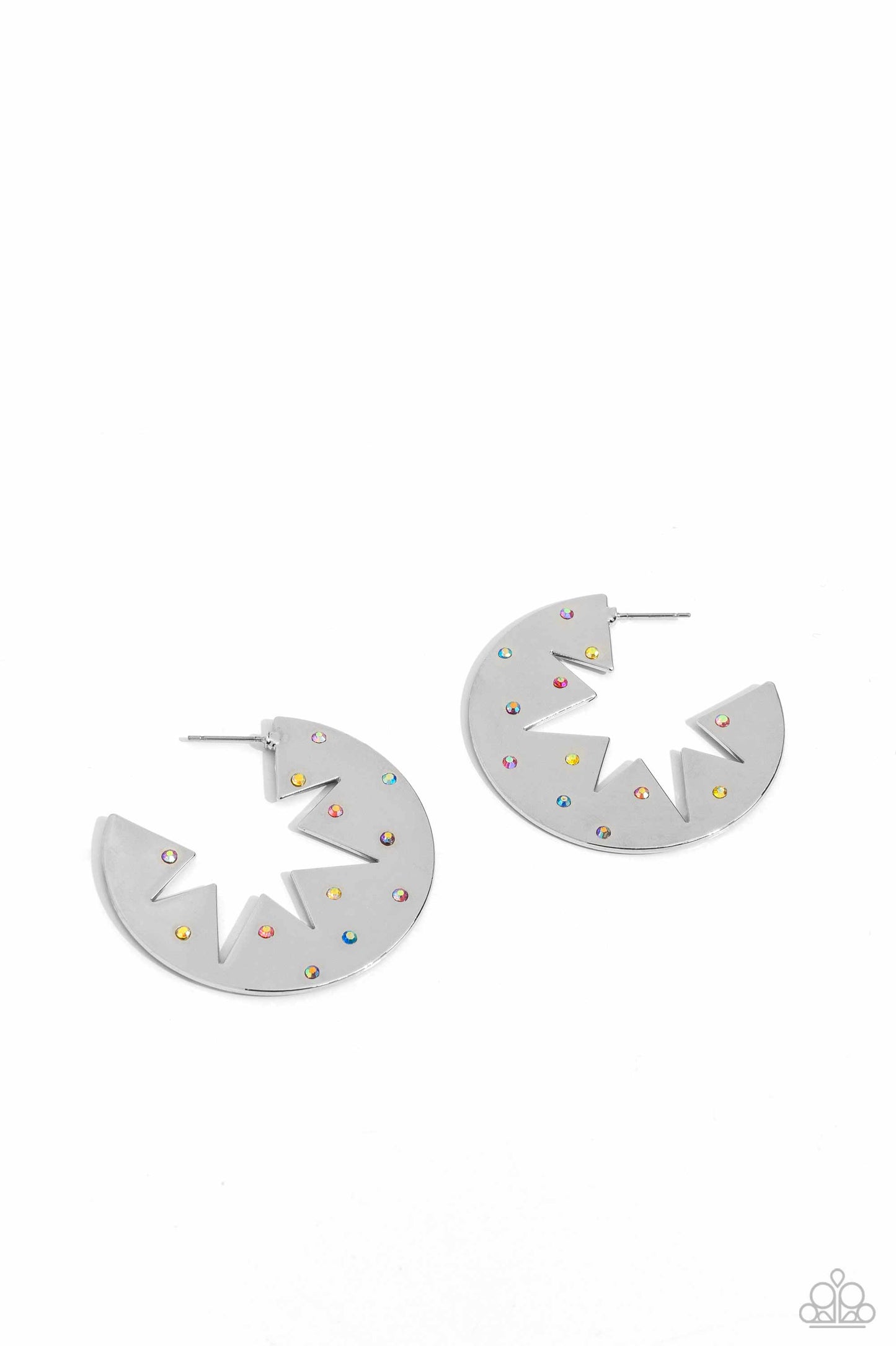Starry Sensation Multi Star Hoop Earring - Paparazzi Accessories Sporadically dotted with various multicolored and iridescent rhinestones, a three-dimensional star outline explodes from the center of a polished silver disc for an out-of-this-world centerpiece. Earring attaches to a standard post fitting. Hoop measures approximately 1 3/4" in diameter. Due to its prismatic palette, color may vary. Sold as one pair of hoop earrings. Sku: P5HO-MTSV-324XX
