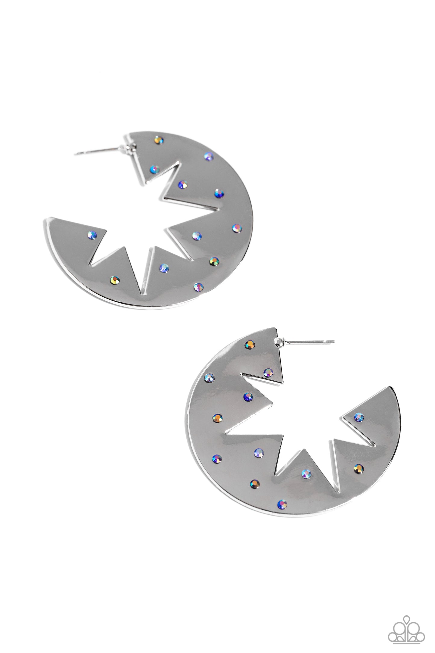 Starry Sensation Blue Star Hoop Earring - Paparazzi Accessories Sporadically dotted with various blue and blue iridescent rhinestones, a three-dimensional star outline explodes from the center of a polished silver disc for an out-of-this-world centerpiece. Earring attaches to a standard post fitting. Hoop measures approximately 1 3/4" in diameter. Due to its prismatic palette, color may vary. Sold as one pair of hoop earrings. Sku: P5HO-BLXX-061XX
