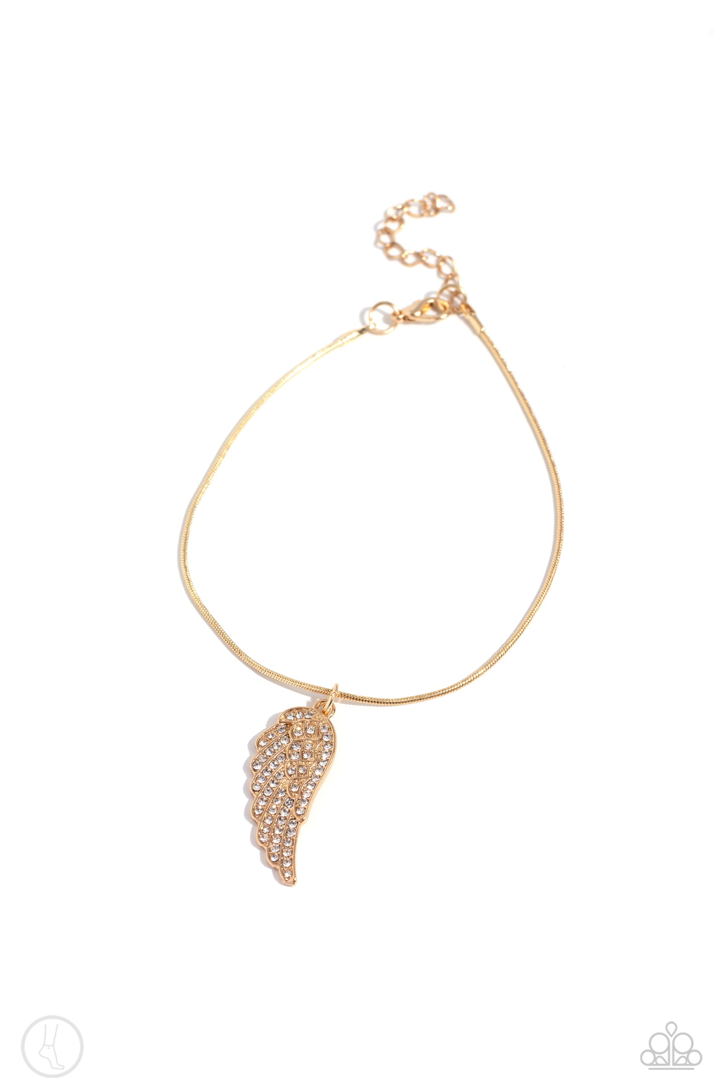 Angelic Accent Gold Anklet - Paparazzi Accessories An angelic gold half-wing pendant delicately wraps around the ankle on a gold snake chain. Rows of dainty white rhinestones adorn the winged accents, adding a celestial shimmer to the angelic centerpiece. Features an adjustable clasp closure. Sold as one individual anklet. SKU: P9AN-GDXX-063XX