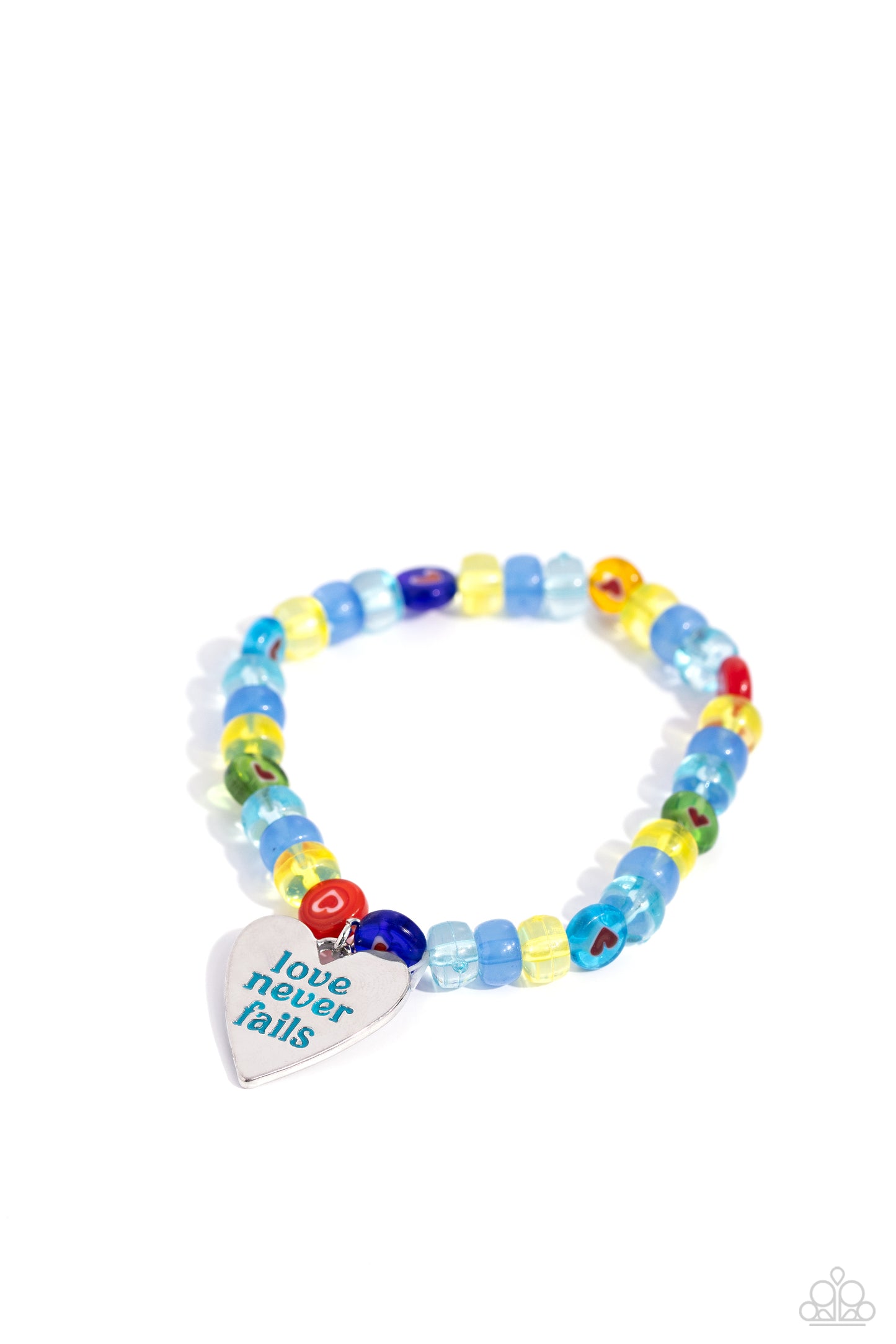 Unstoppable Love Multi Inspirational Bracelet - Paparazzi Accessories Infused along an invisible string, multicolored glassy beads and beads with heart centers wrap around the wrist for a heartfelt statement. A silver heart with the stamped phrase "love never fails" in a blue font dangles below the multicolored design for an inspirational finish. Sold as one individual bracelet. P9WD-MTXX-065XX