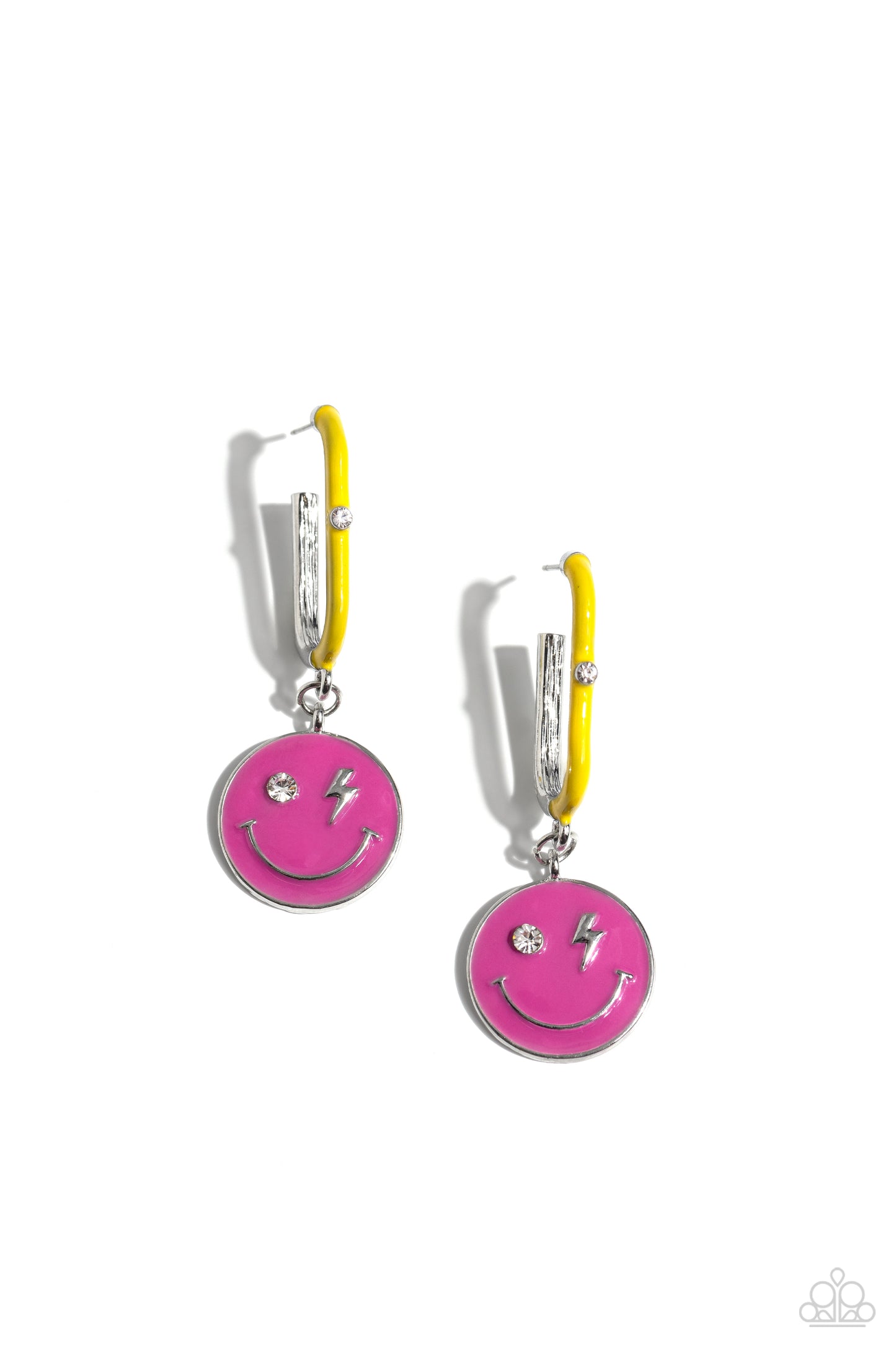 Personable Pizzazz Pink Smiley Face Hoop Earring - Paparazzi Accessories Featuring a solitaire white rhinestone embellishment, a Rose Violet smiley face charm, with rhinestone and lightning bolt eyes, swings from a glistening half High Visibility-painted oblong silver hoop, creating a vivacious, charming display. Earring attaches to a standard post fitting. Hoop measures approximately 1" in diameter. Sold as one pair of hoop earrings. Sku: P5HO-PKXX-062XX