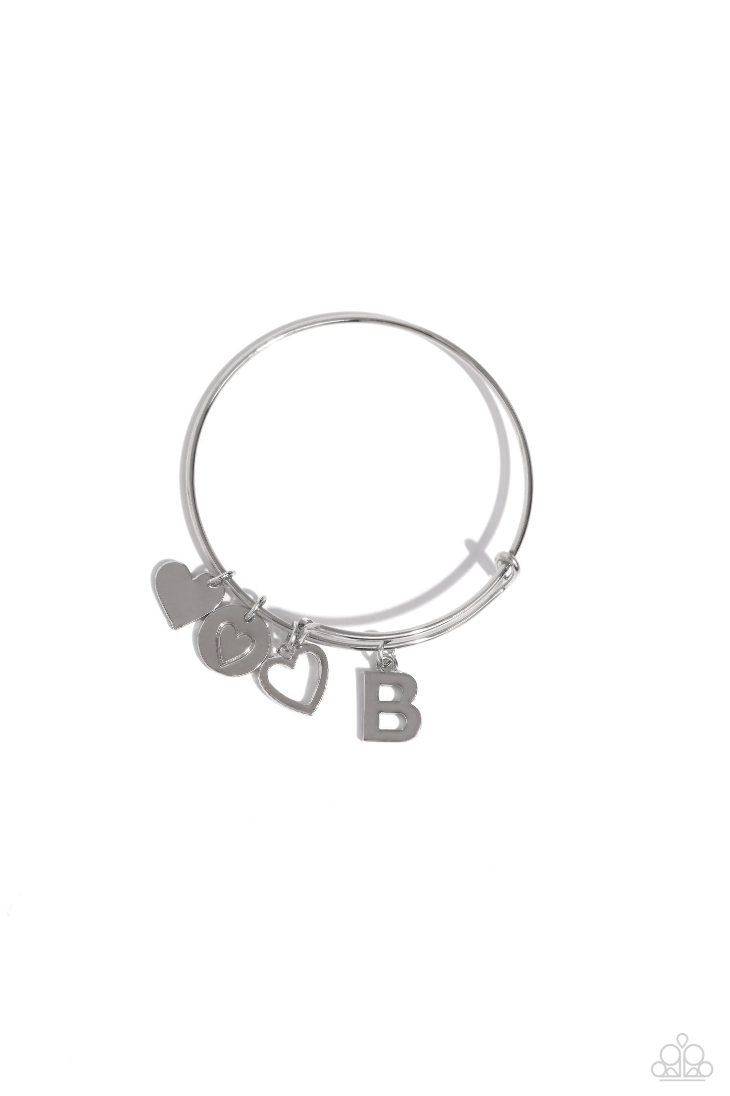 Making It INITIAL Silver "B" Bracelet - Paparazzi Accessories Featuring shiny silver, airy, and stamped finishes, a mismatched collection of dainty heart charms, and the letter "B" glides along a silver bar fitting at the center of the wrist for a romantic, sentimental flair. Sold as one individual bracelet. SKU: P9BA-SVXX-186XX