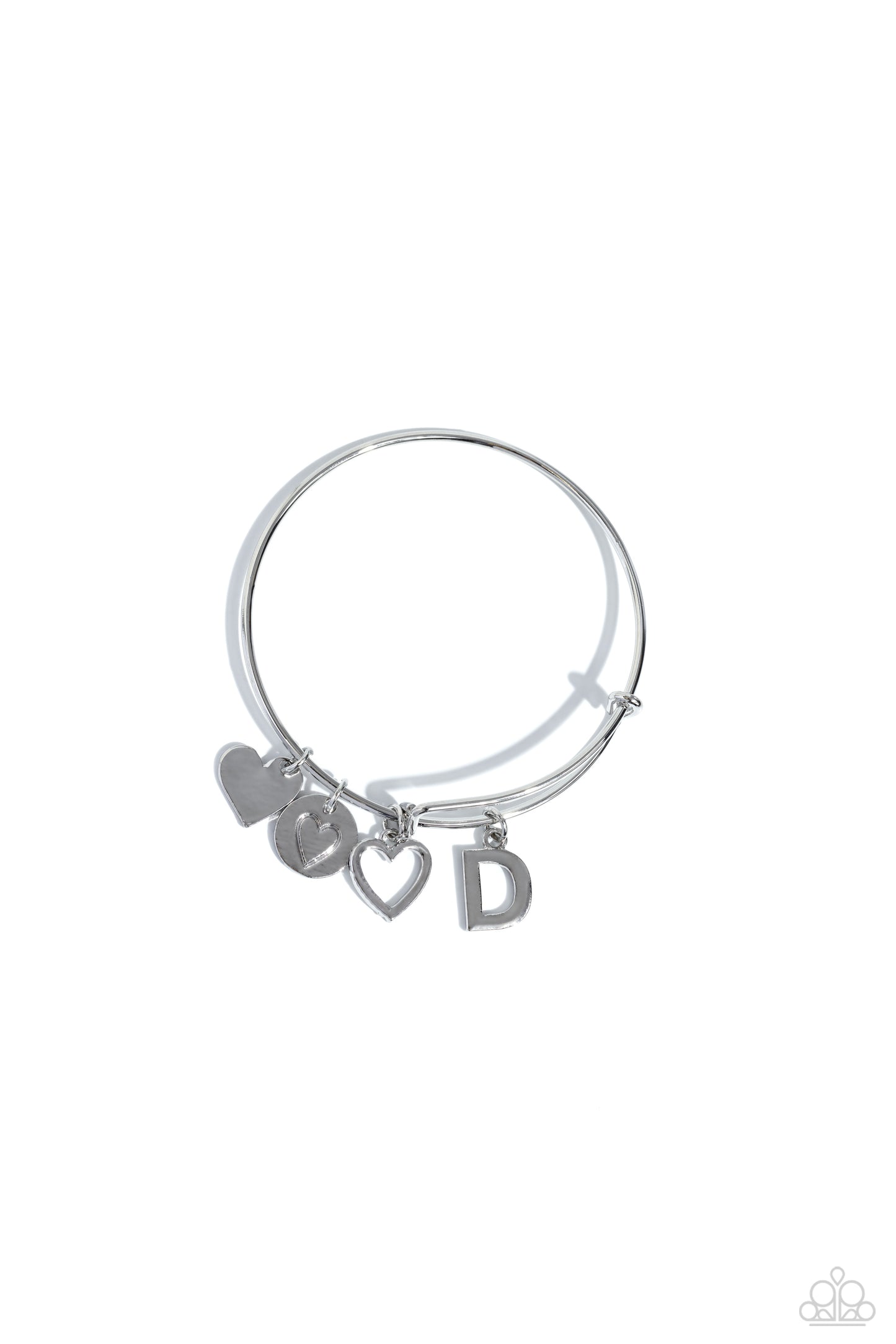 Making It INITIAL Silver "D" Bracelet - Paparazzi Accessories Featuring shiny silver, airy, and stamped finishes, a mismatched collection of dainty heart charms, and the letter "D" glides along a silver bar fitting at the center of the wrist for a romantic, sentimental flair. Sold as one individual bracelet. SKU: P9BA-SVXX-188XX