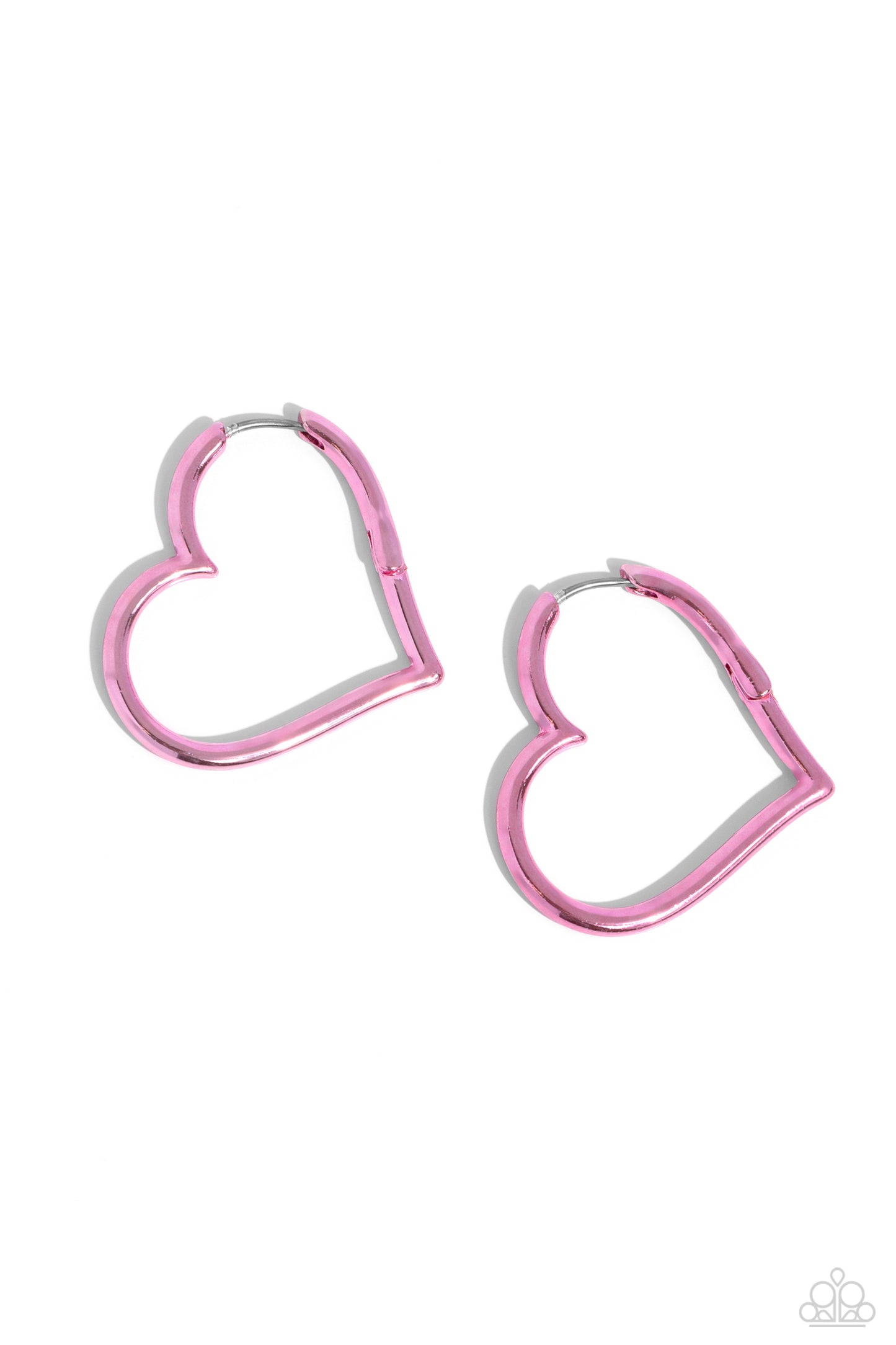 Loving Legend Pink Hinge Hoop - Paparazzi Accessories Featuring an electric pink hue, a heart silhouette hoop snugly curls around the ear for a colorfully romantic display. Earring attaches to a standard hinge closure fitting. Hoop measures approximately 1 1/2" in diameter. Sold as one pair of hinge hoop earrings. SKU: P5HO-PKXX-078XX