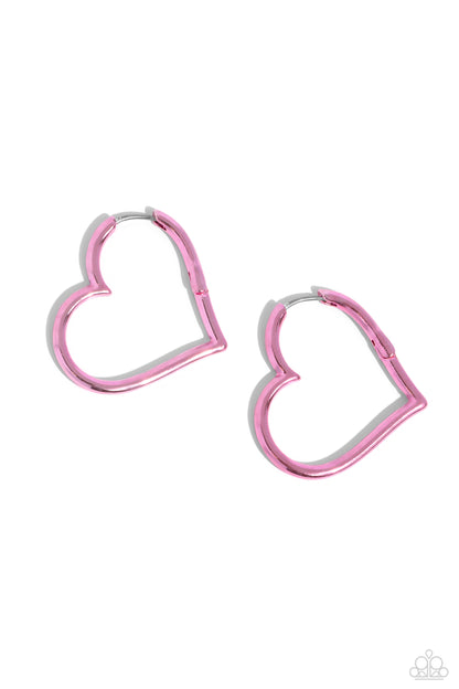 Loving Legend Pink Hinge Hoop - Paparazzi Accessories  Featuring an electric pink hue, a heart silhouette hoop snugly curls around the ear for a colorfully romantic display. Earring attaches to a standard hinge closure fitting. Hoop measures approximately 1 1/2" in diameter.  Sold as one pair of hinge hoop earrings.  SKU: P5HO-PKXX-078XX