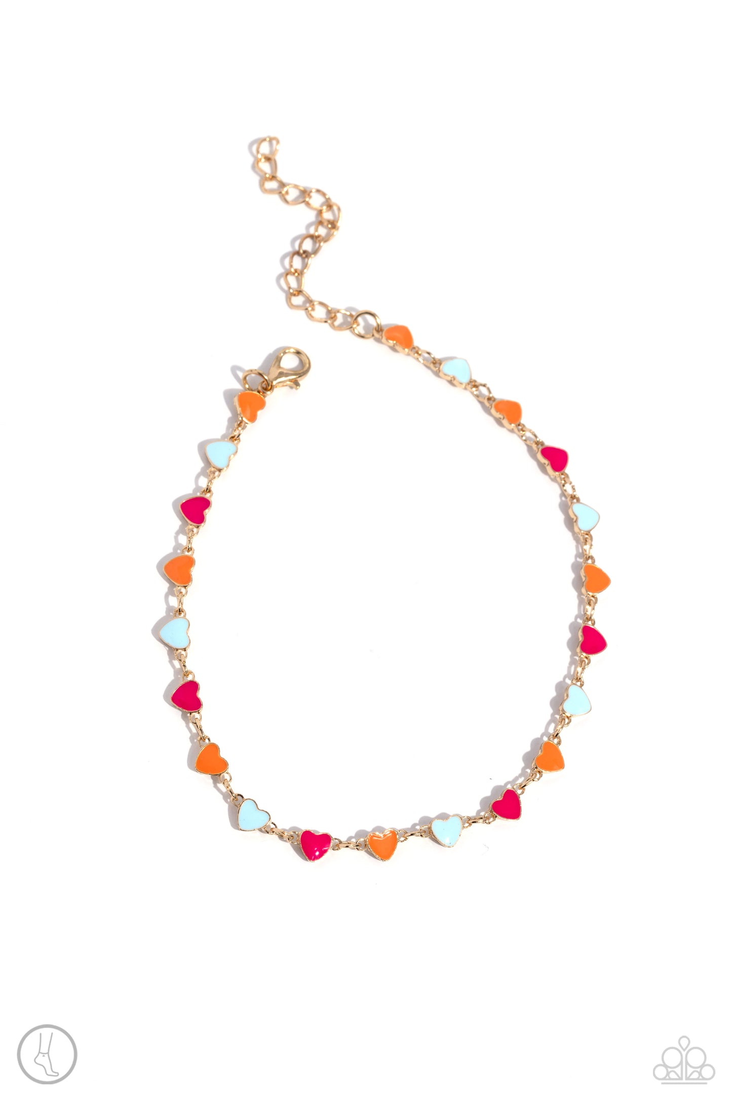 Dancing Delight Multi Heart Anklet - Paparazzi Accessories  Dainty gold hearts featuring Pink Peacock, orange, and Skylight-painted centers encircle the ankle for a romantic pop of color. Features an adjustable clasp closure.  Sold as one individual anklet.  P9AN-MTGD-060XX