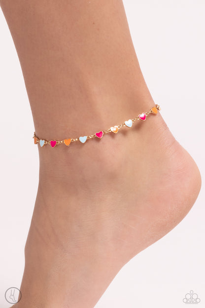 Dancing Delight Multi Heart Anklet - Paparazzi Accessories  Dainty gold hearts featuring Pink Peacock, orange, and Skylight-painted centers encircle the ankle for a romantic pop of color. Features an adjustable clasp closure.  Sold as one individual anklet.  P9AN-MTGD-060XX