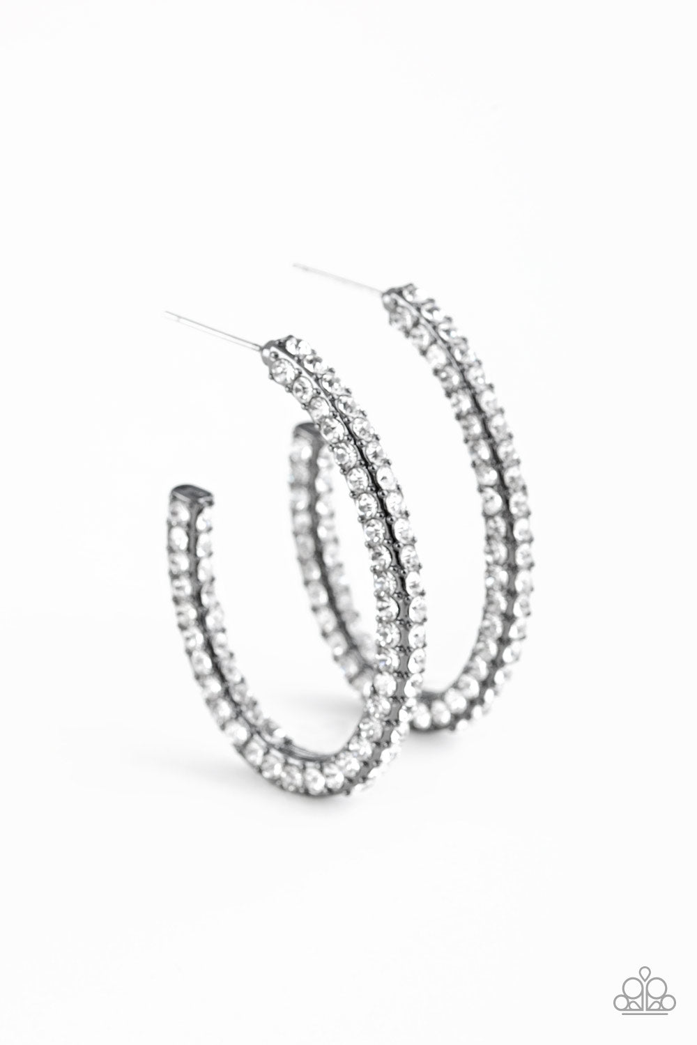Big Winner - Black Item #E272 Glassy white rhinestones are encrusted along three sides of an abstract gunmetal hoop for a glamorous look. Earring attaches to a standard post fitting. Hoop measures 1" in diameter. All Paparazzi Accessories are lead free and nickel free! Sold as one pair of hoop earrings.