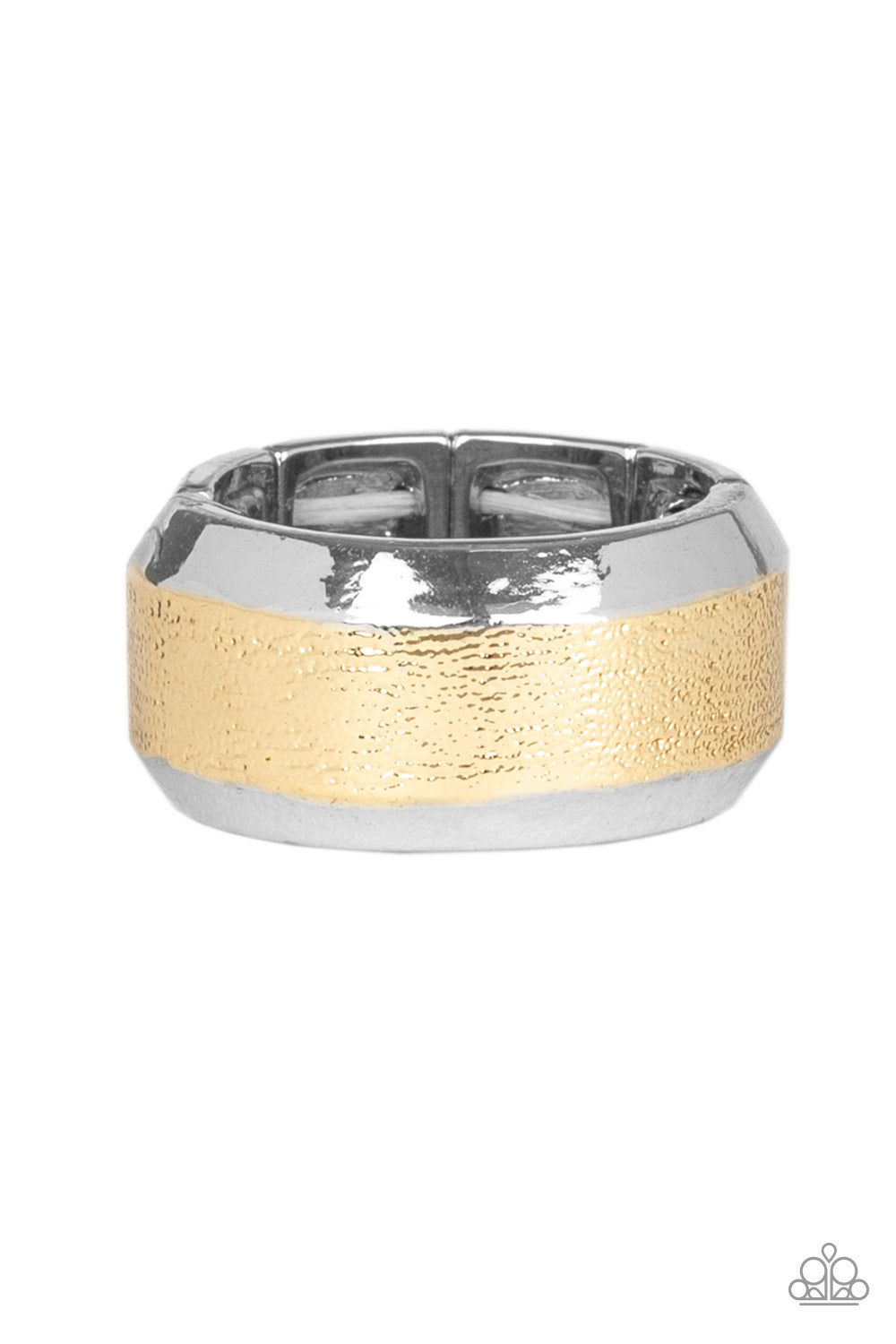 Checkmate Multi Urban Ring - Paparazzi Accessories The center of a beveled silver band has been delicately hammered in shimmery gold detail for a metro inspired look. Features a stretchy band for a flexible fit. Sold as one individual ring.