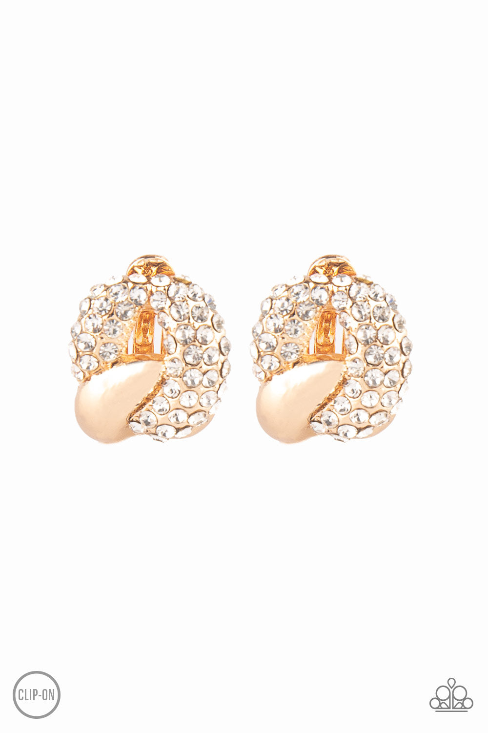 Definitely Date Night - Gold Item #E341 A white rhinestone encrusted link and glistening gold link connect into a bold frame for a refined look. Earring attaches to a standard clip-on fitting. All Paparazzi Accessories are lead free and nickel free! Sold as one pair of clip-on earrings.