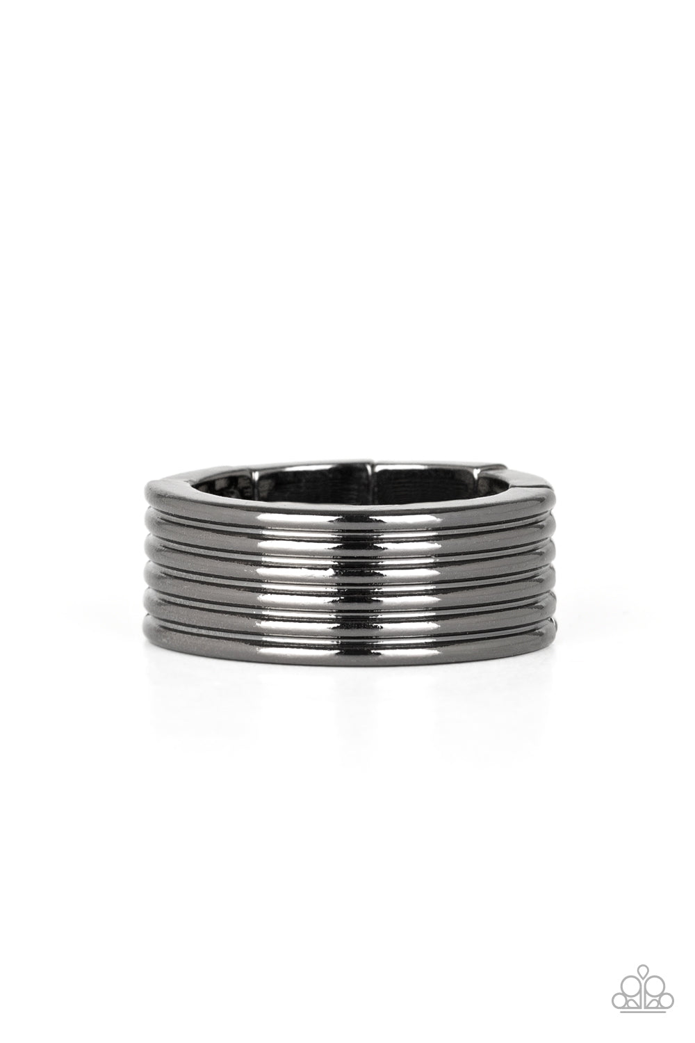 A Mans Man - Black A thick gunmetal band is lined in stacked linear textures for a sleek metro look. Features a stretchy band for a flexible fit. Sold as one individual ring.