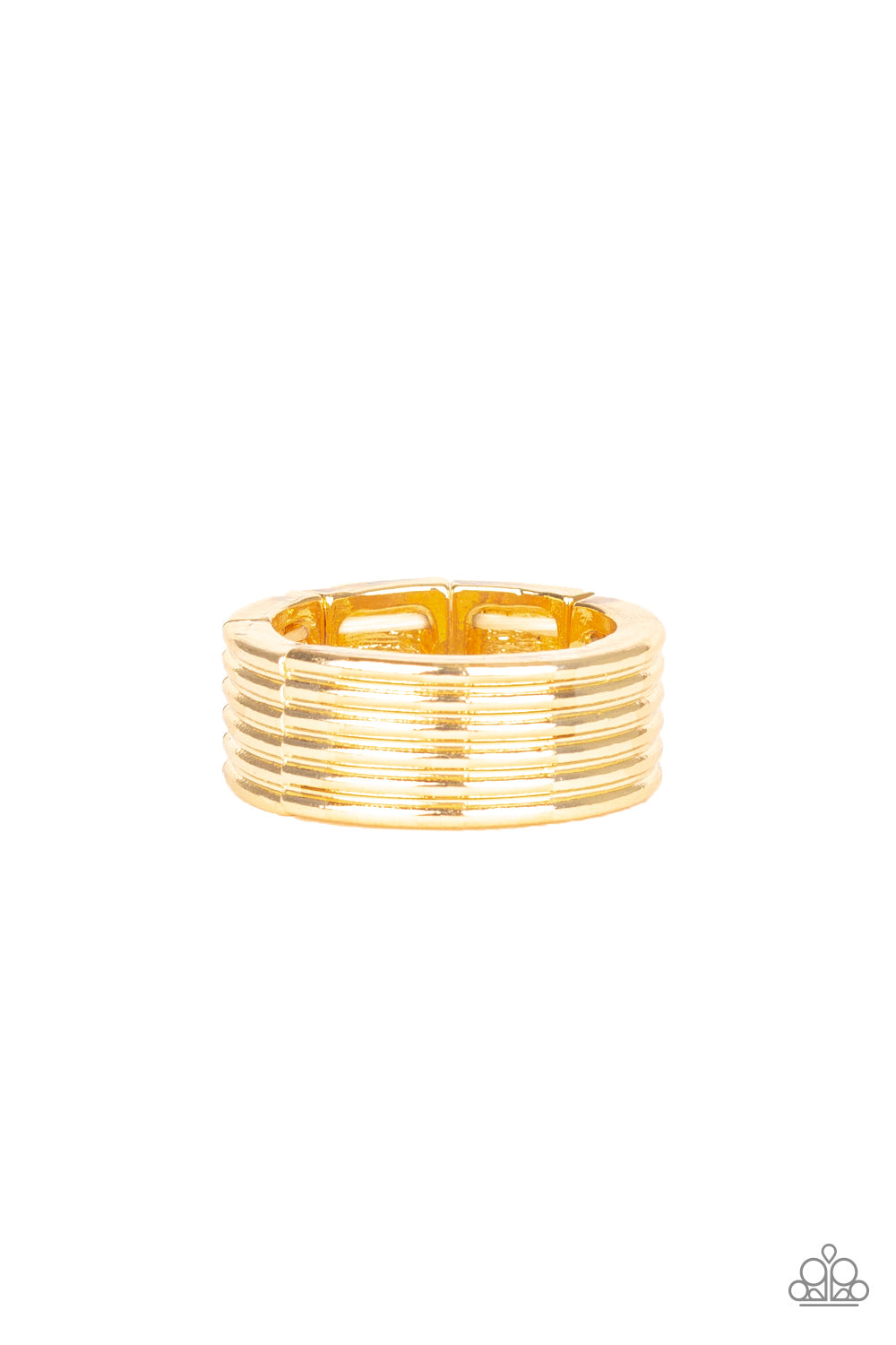 A Mans Man Gold Ring - Paparazzi Accessories A thick gold band is lined in stacked linear textures for a sleek metro look. Features a stretchy band for a flexible fit. Sold as one individual ring.
