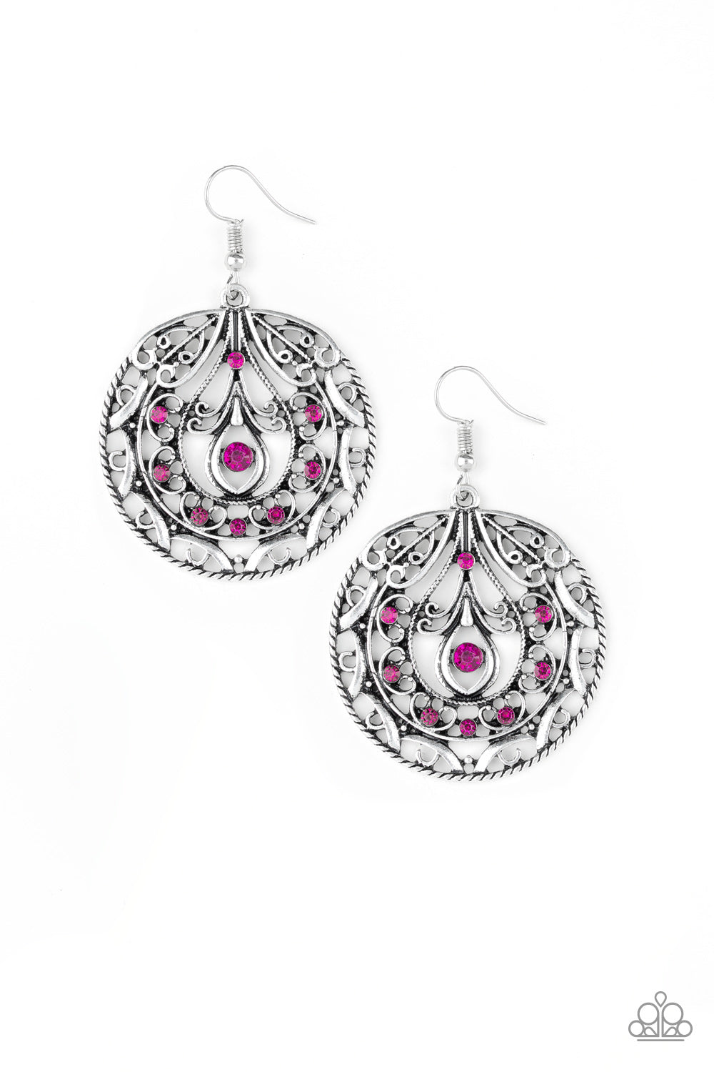 Choose To Sparkle - Pink Item #E443 Sparkling pink rhinestones are sprinkled along a swirling silver backdrop radiating with whimsical filigree. Earring attaches to a standard fishhook fitting. All Paparazzi Accessories are lead free and nickel free! Sold as one pair of earrings.