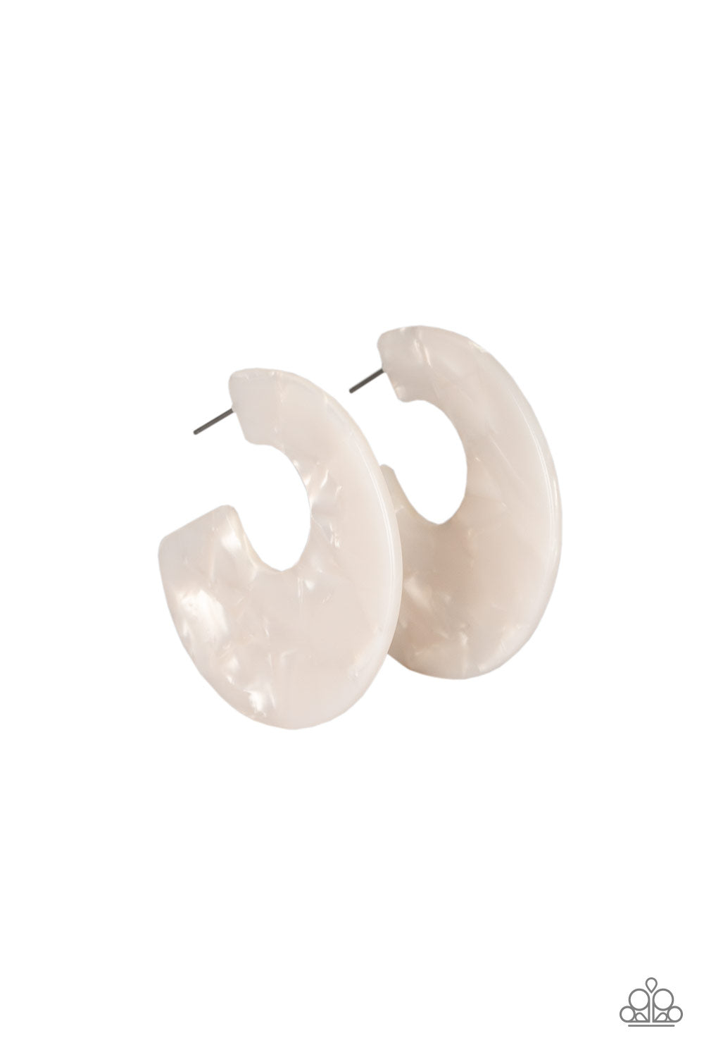 Tropically Torrid White Hoop Earring - Paparazzi Accessories. Item #P5HO-WTXX-059XX Brushed in an iridescent faux marble finish, a flat white hoop curls around the ear for a retro look. Earring attaches to a standard post fitting. Hoop measures 2" in diameter. Sold as one pair of hoop earrings.