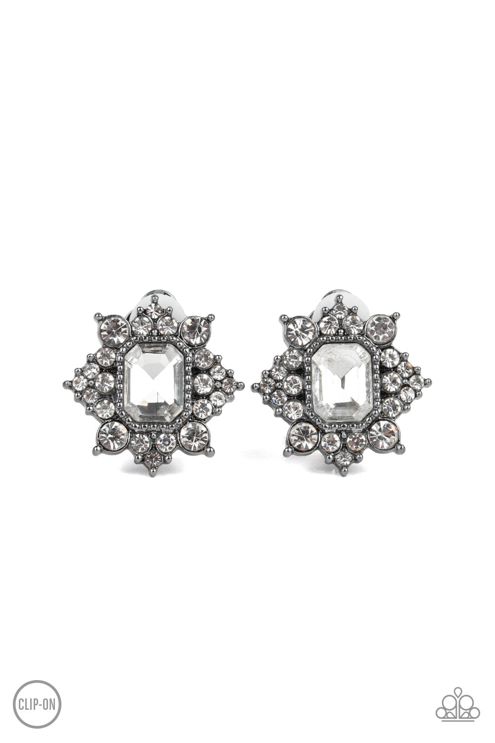 Interstellar Sparkle - Black Item #E324 Featuring sleek gunmetal fittings, dainty white rhinestones coalesce around a glittery white emerald style rhinestone center for a stellar look. Earring attaches to a standard clip-on fitting. All Paparazzi Accessories are lead free and nickel free! Sold as one pair of clip-on earrings.