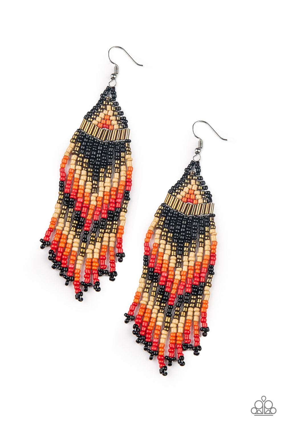 Colors Of The Wind Black Seed Bead Earring - Paparazzi Accessories Item #P5TR-BKXX-093XX Infused with brassy metallic accents, black, orange, red, tan, and brass seed beads cascade from the ear in a vivacious beaded fringe. Earring attaches to a standard fishhook fitting. Sold as one pair of earrings.