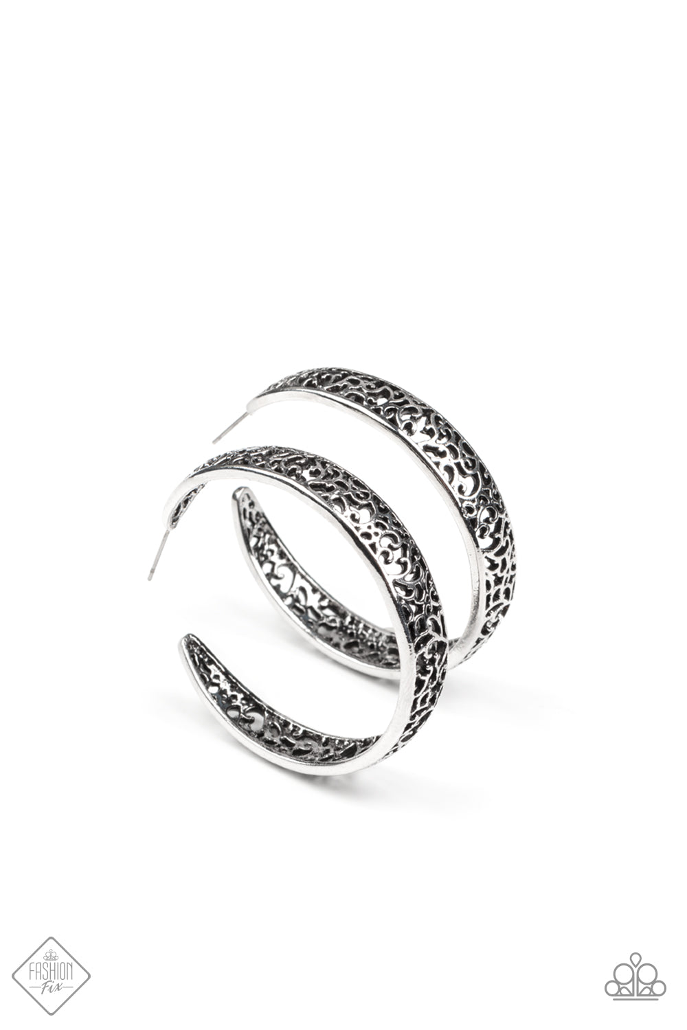 Garden for Two Silver Hoop Earring - Paparazzi Accessories Item #P5HO-SVXX-301DZ Whimsical swirls of antiqued silver filigree flow wildly within simple silver frames to create an intricate hoop. Earring attaches to a standard post fitting. Hoop measures approximately 2" in diameter. Sold as one pair of hoop earrings.