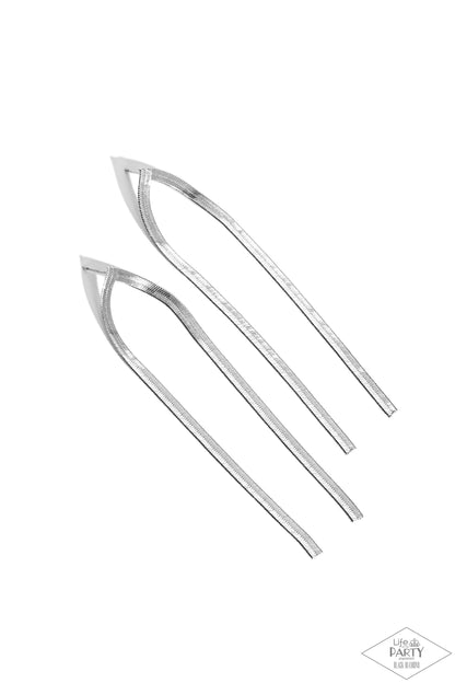 Very Viper Silver Post Earring - Paparazzi Accessories Flat silver snake chains drip from the ear, elegantly elongating the neck. Earring attaches to a standard post fitting. Sold as one pair of post earrings. SKU: P5PO-SVXX-120XX This Black Diamond Encore is back in the spotlight at the request of our 2023 Life of the Party member with Black Diamond Access, Heidi B.