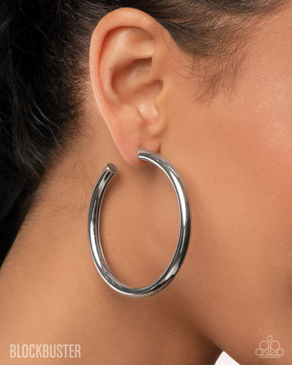 Curve Ball Silver Blockbuster Hoop Earring - Paparazzi Accessories