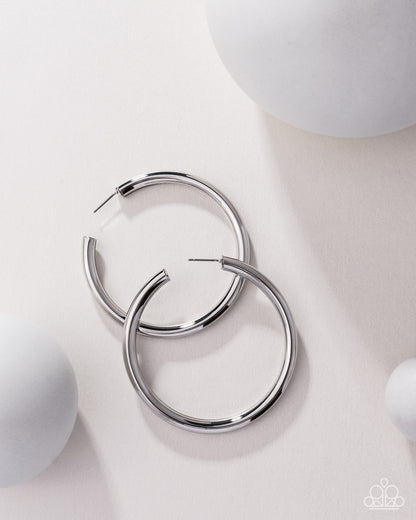 Curve Ball Silver Blockbuster Hoop Earring - Paparazzi Accessories