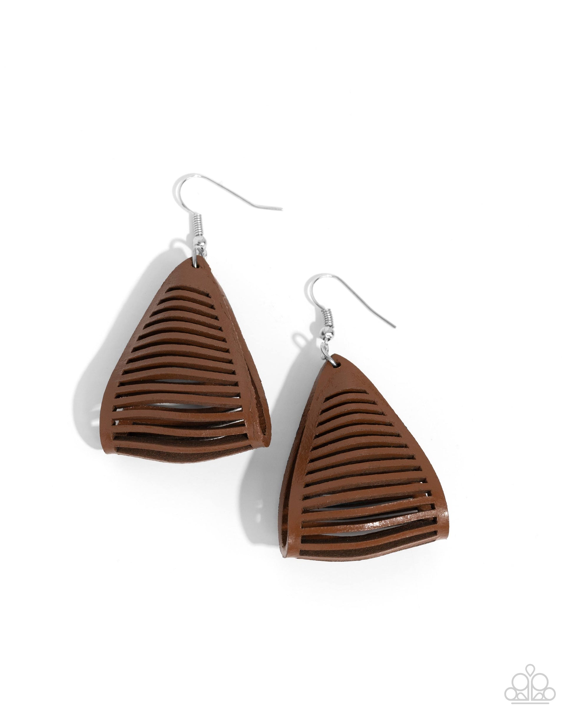 In and OUTBACK Brown Leather Earring - Paparazzi Accessories The center of a rustic brown leather frame is spliced into airy rows as it delicately folds into an edgy triangular frame, creating a seasonal fashion. Earring attaches to a standard fishhook fitting. Sold as one pair of earrings. SKU: P5SE-BNXX-182XX