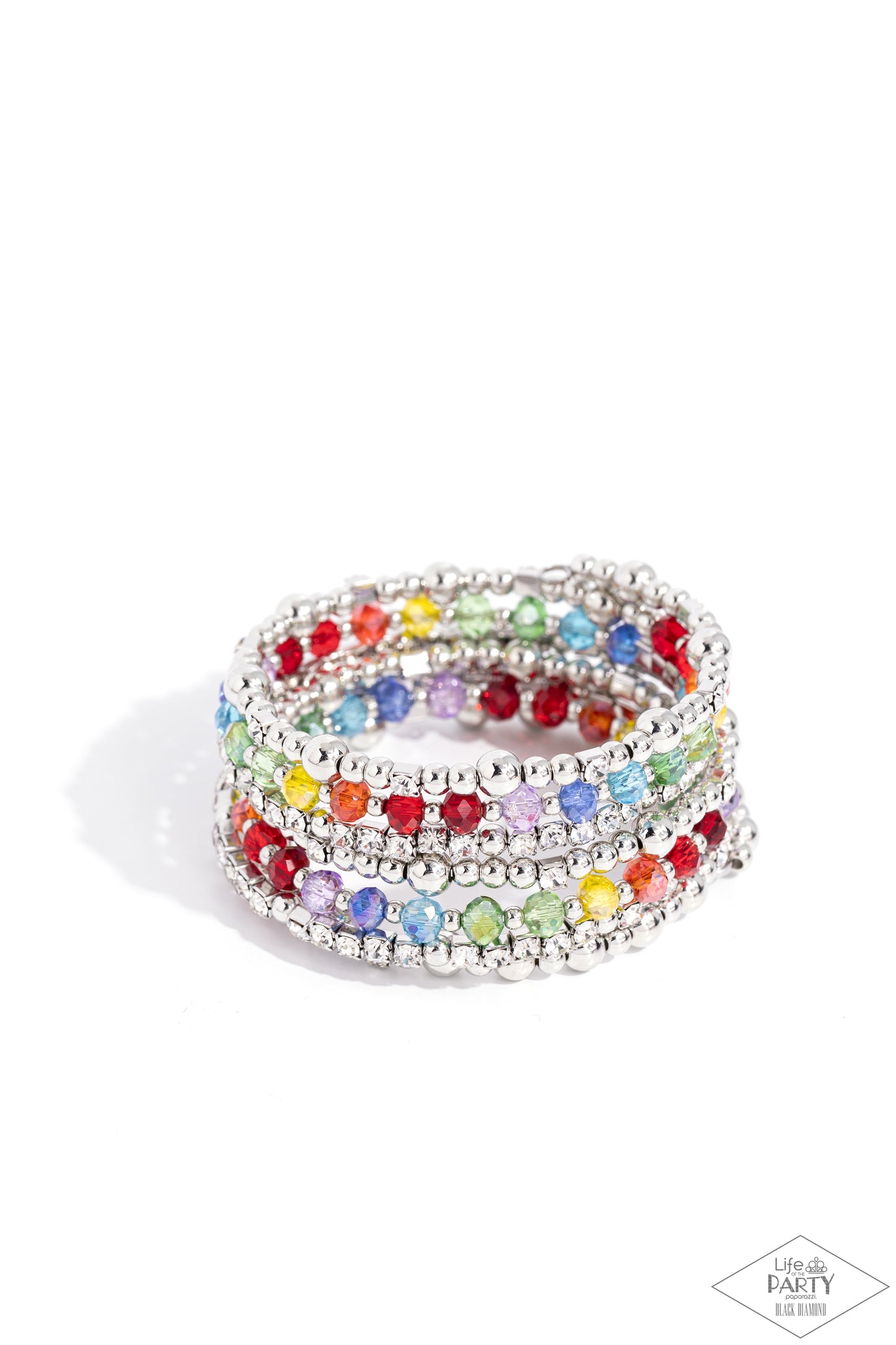 Ice Knowing You Multi LOP Coil Bracelet - Paparazzi Accessories  Item #P9RE-MTXX-134XX  An icy collection of silver beads, cubes, opaque crystals in various multicolored shades, and glassy white rhinestones are threaded along a coiled wire, creating a blinding infinity wrap style bracelet around the wrist.  Sold as one individual bracelet.  New Kit ENCORE This Black Diamond Encore is back in the spotlight at the request of our 2023 Life of the Party member with Black Diamond Access, Mandi W.
