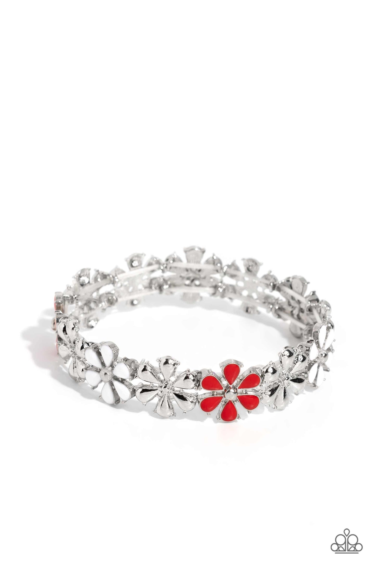 Floral Fair Red Stretch Bracelet - Paparazzi Accessories  Painted in vivacious shades of red and white, a collection of silver studded flowers alternating with high-sheen silver flowers glides across the wrist from an elastic stretchy band for a whimsical array.  Sold as one individual bracelet.  P9WH-RDXX-193PX