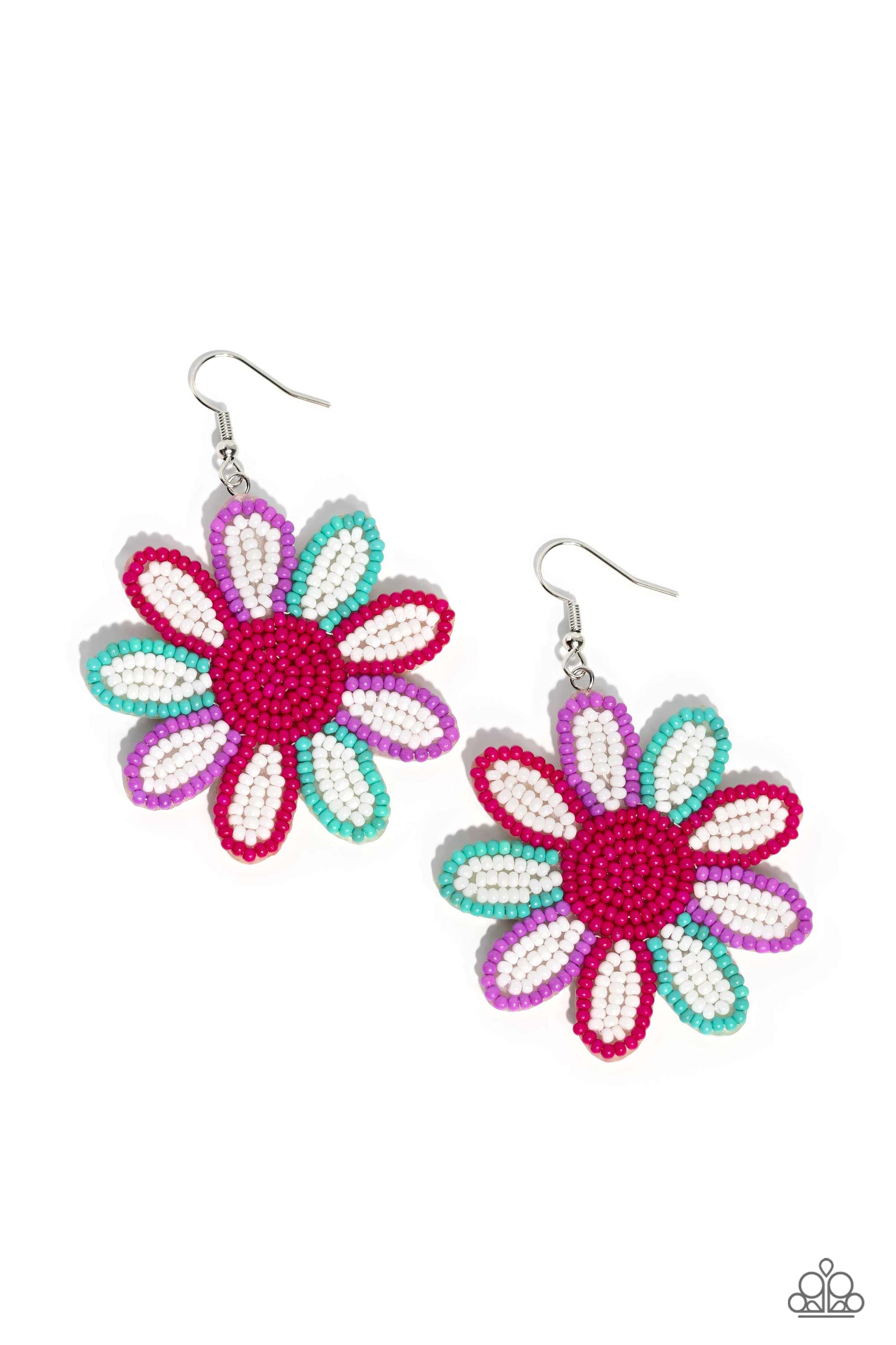 Decorated Daisies White Flower Earring - Paparazzi Accessories Item #P5ST-WTXX-069XX Layers of white seed bead petals, encased in seed bead frames of hot pink, tiffany, and lavender fan out from a hot pink seed bead center, blooming into a textured floral lure. Earring attaches to a standard fishhook fitting.  Featured inside The Preview at Made for More!  Sold as one pair of earrings.